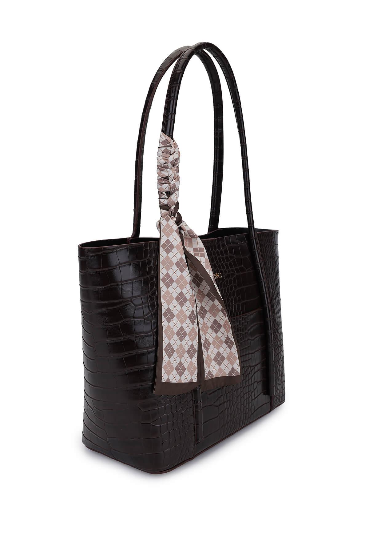 Tamer Tanca Kadın Suni Deri Kahverengi Kroko Omuz Çanta