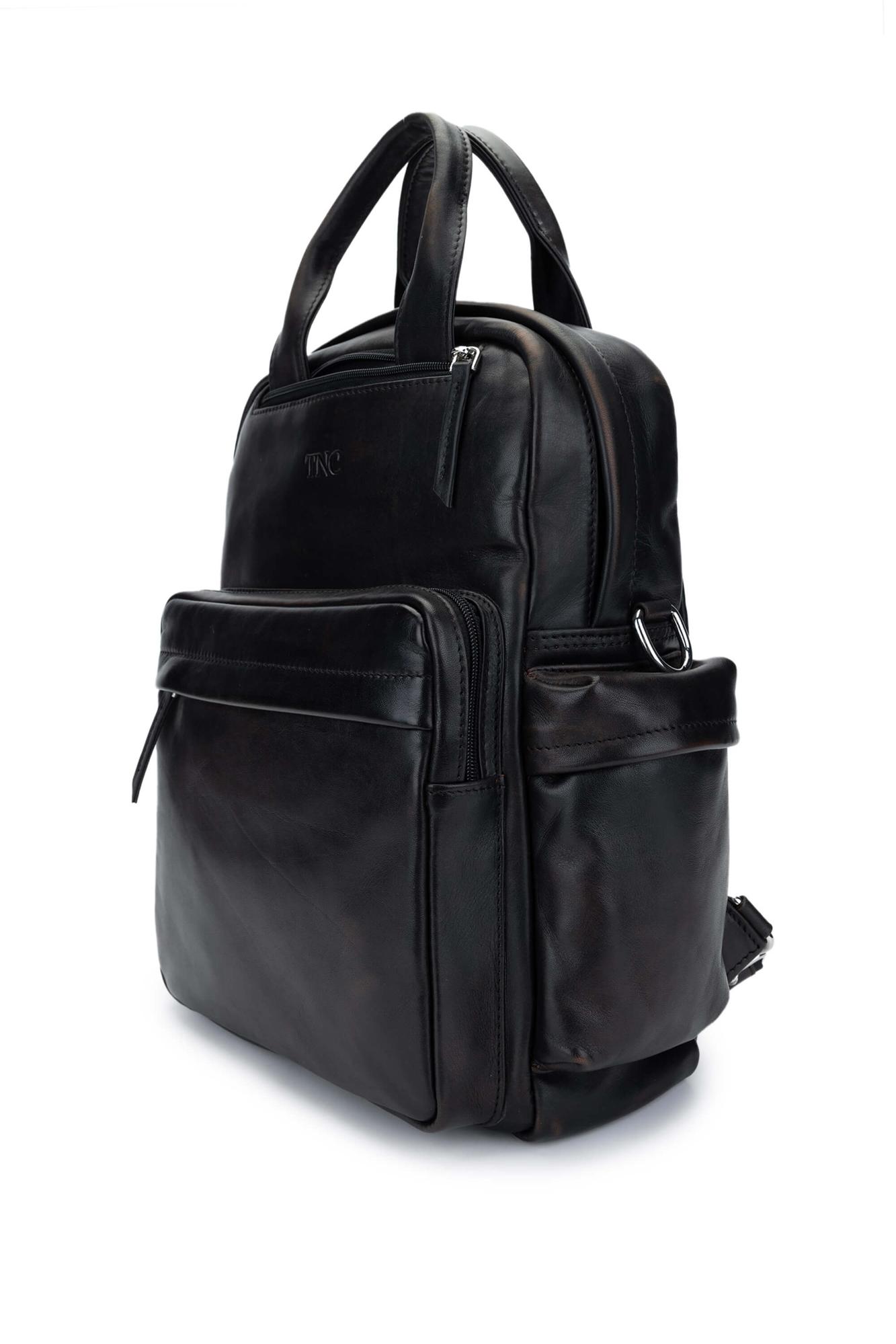 Tamer Tanca Erkek Hakiki Deri Siyah Eskitme Sırt Çantası