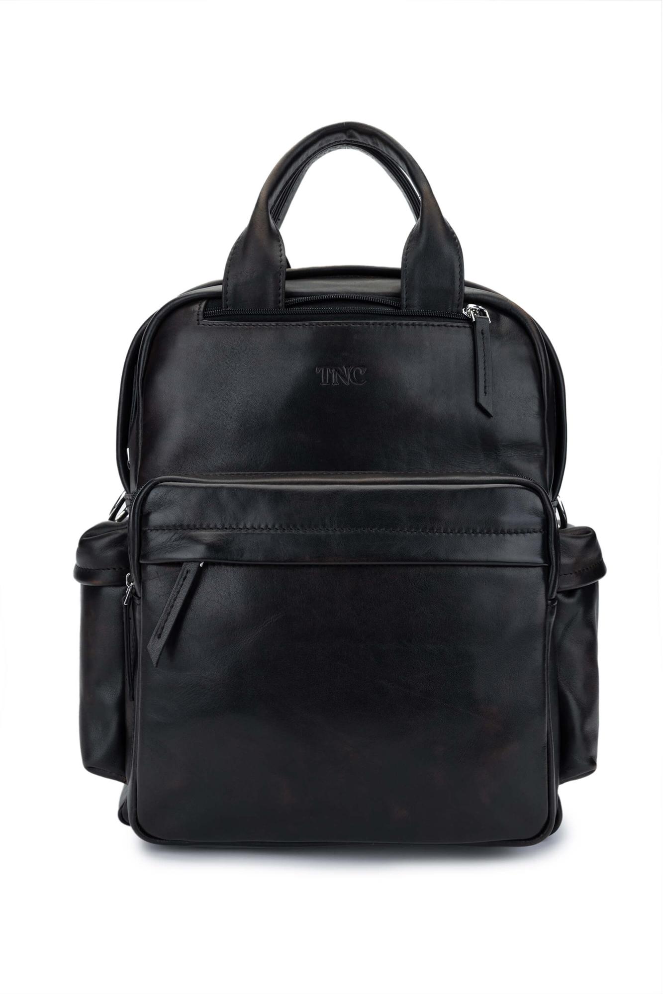 Tamer Tanca Erkek Hakiki Deri Siyah Eskitme Sırt Çantası