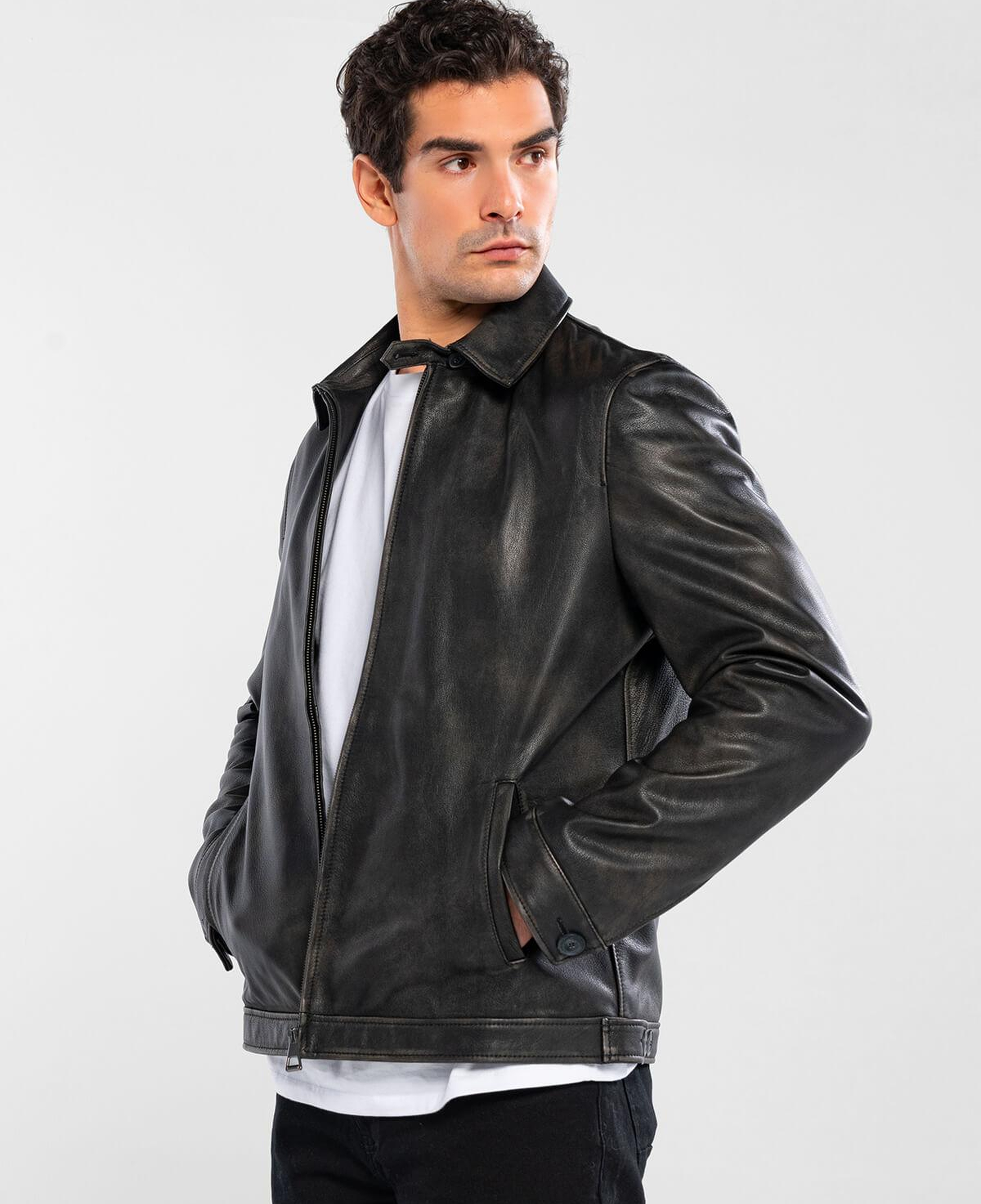 Tamer Tanca Erkek Hakiki Deri Siyah Eskitme Deri Mont