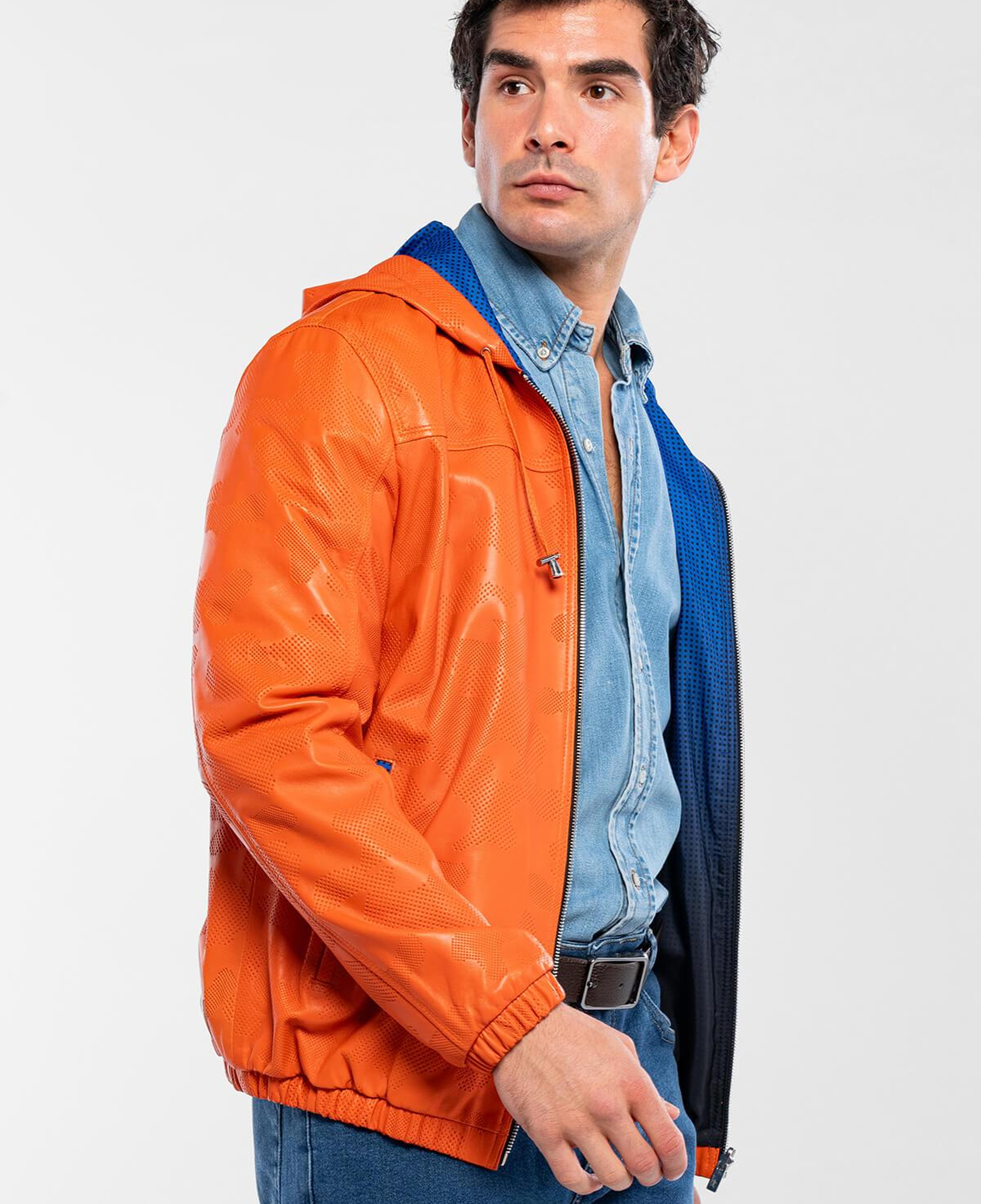 Tamer Tanca Erkek Hakiki Deri Turuncu/Mavi Deri Mont