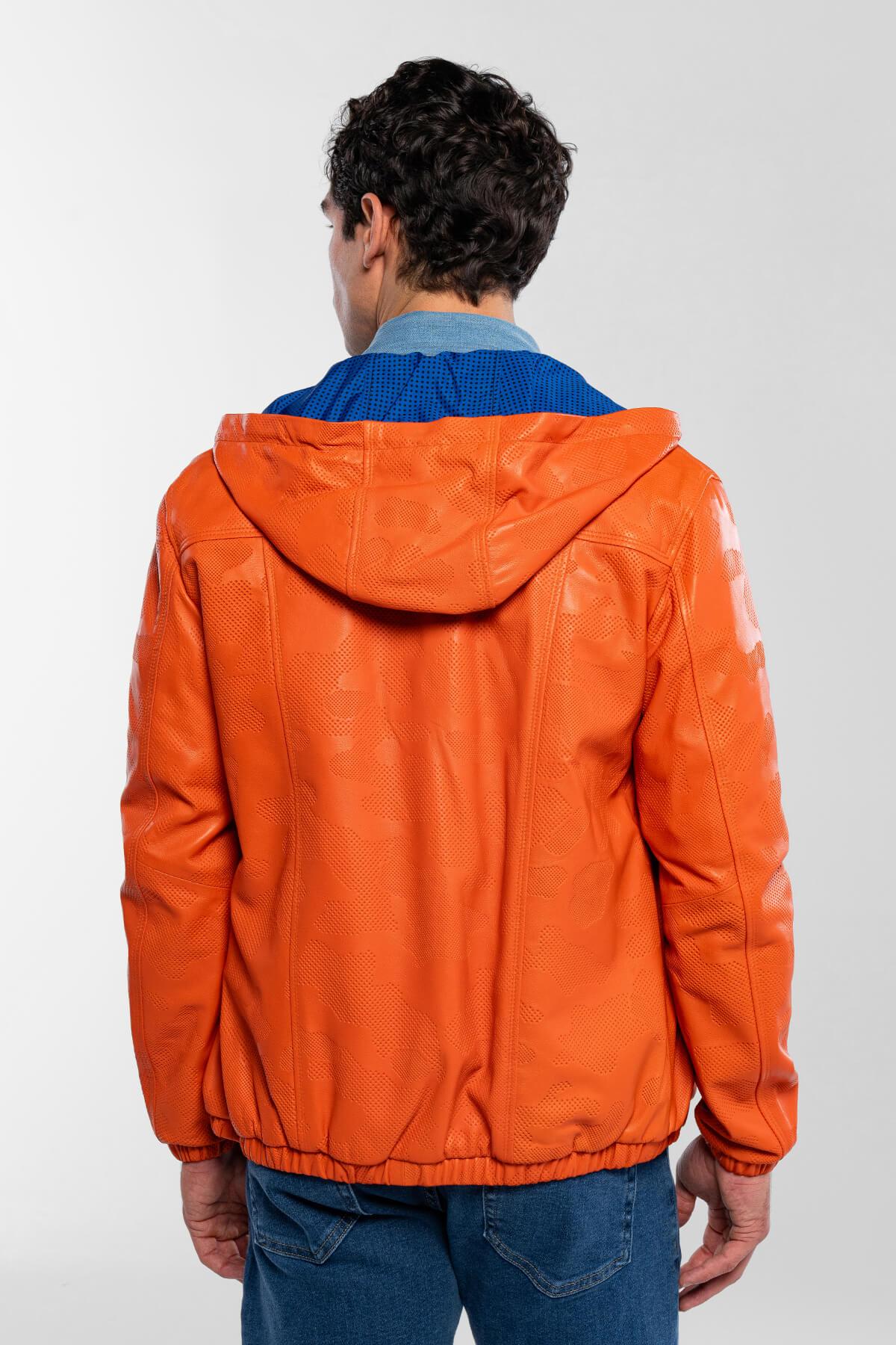 Tamer Tanca Erkek Hakiki Deri Turuncu/Mavi Deri Mont