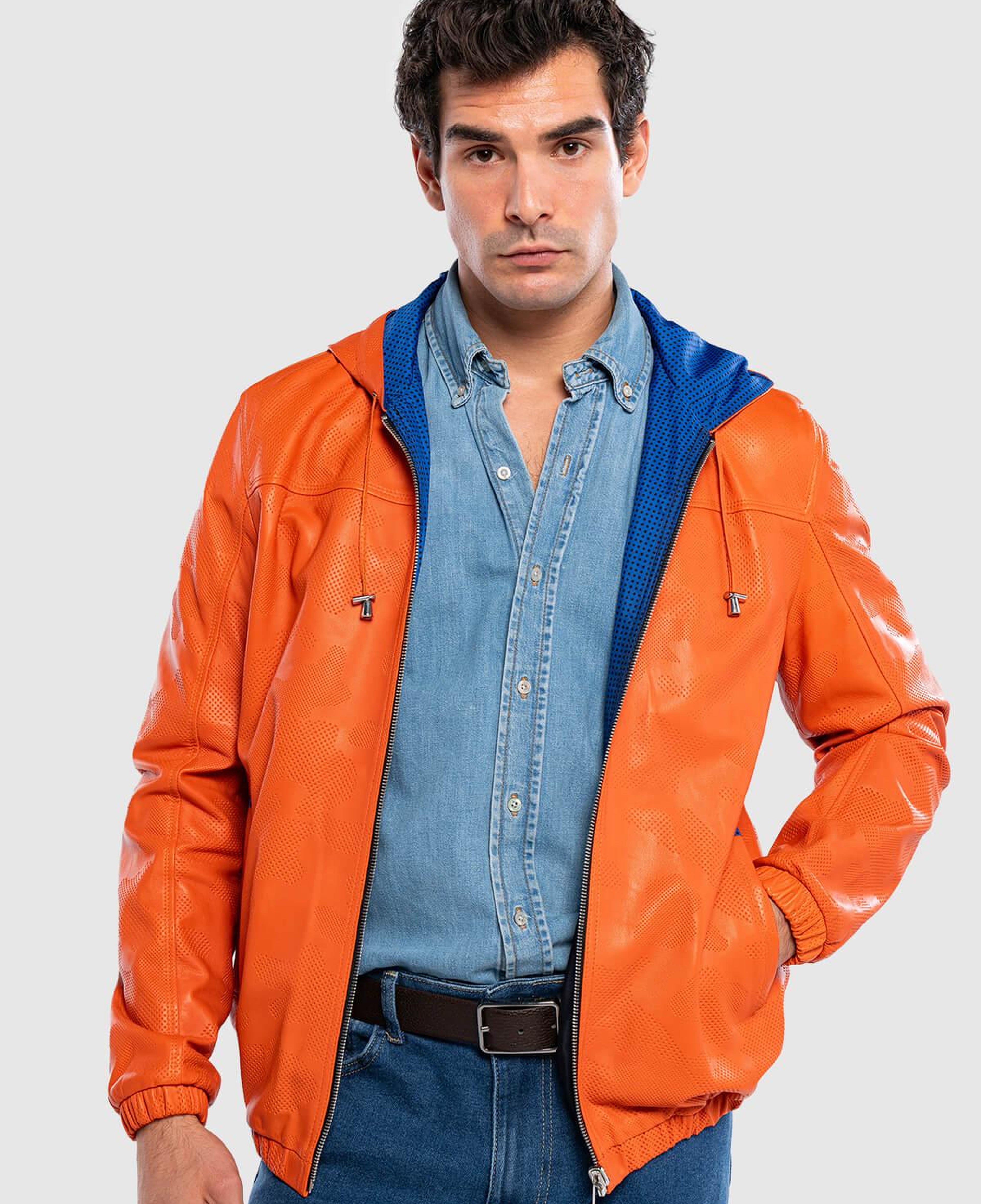 Tamer Tanca Erkek Hakiki Deri Turuncu/Mavi Deri Mont