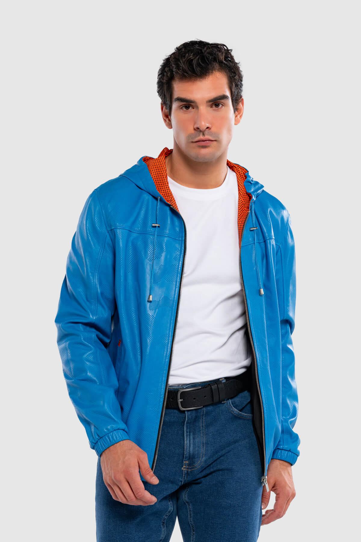 Tamer Tanca Erkek Hakiki Deri Mavi/Turuncu Deri Mont