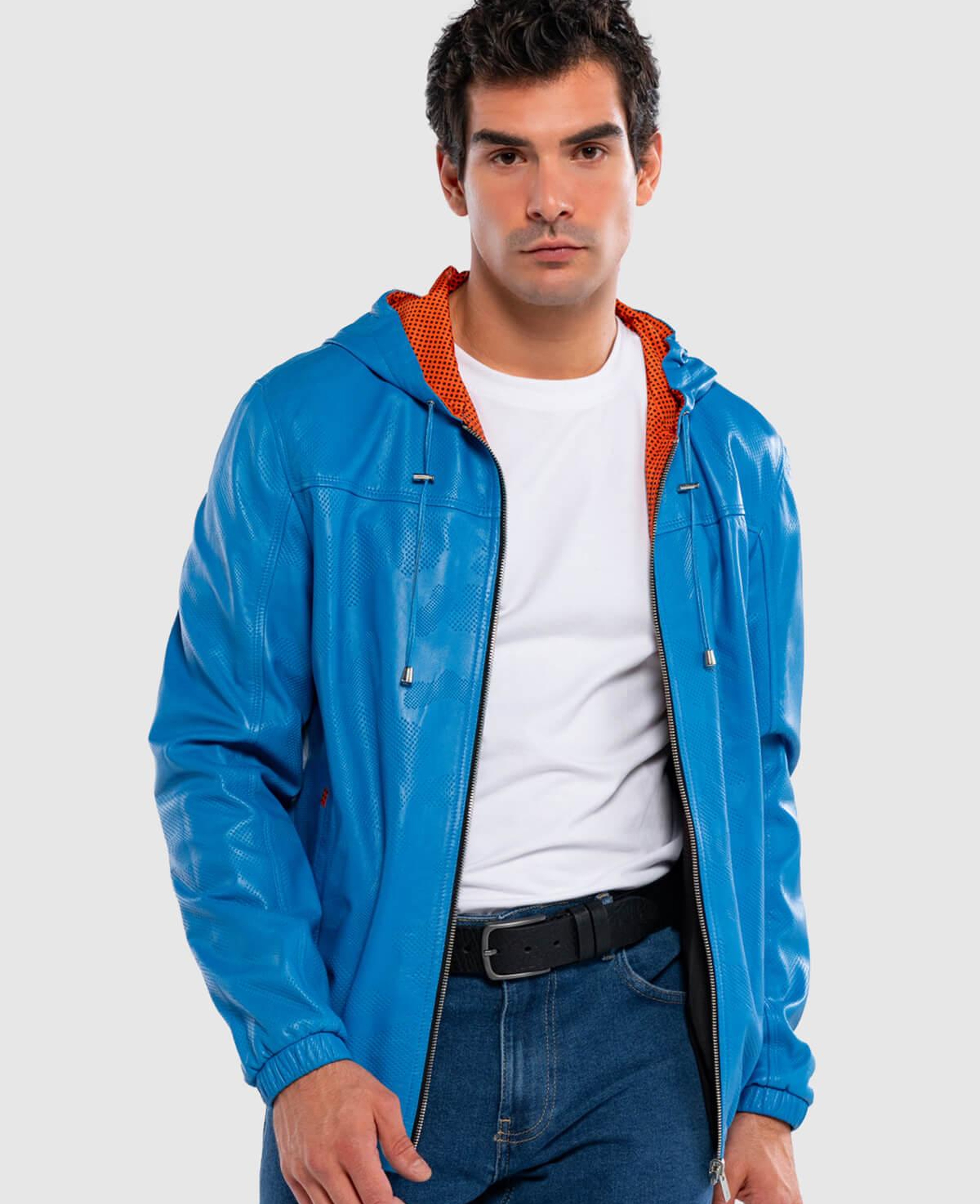Tamer Tanca Erkek Hakiki Deri Mavi/Turuncu Deri Mont