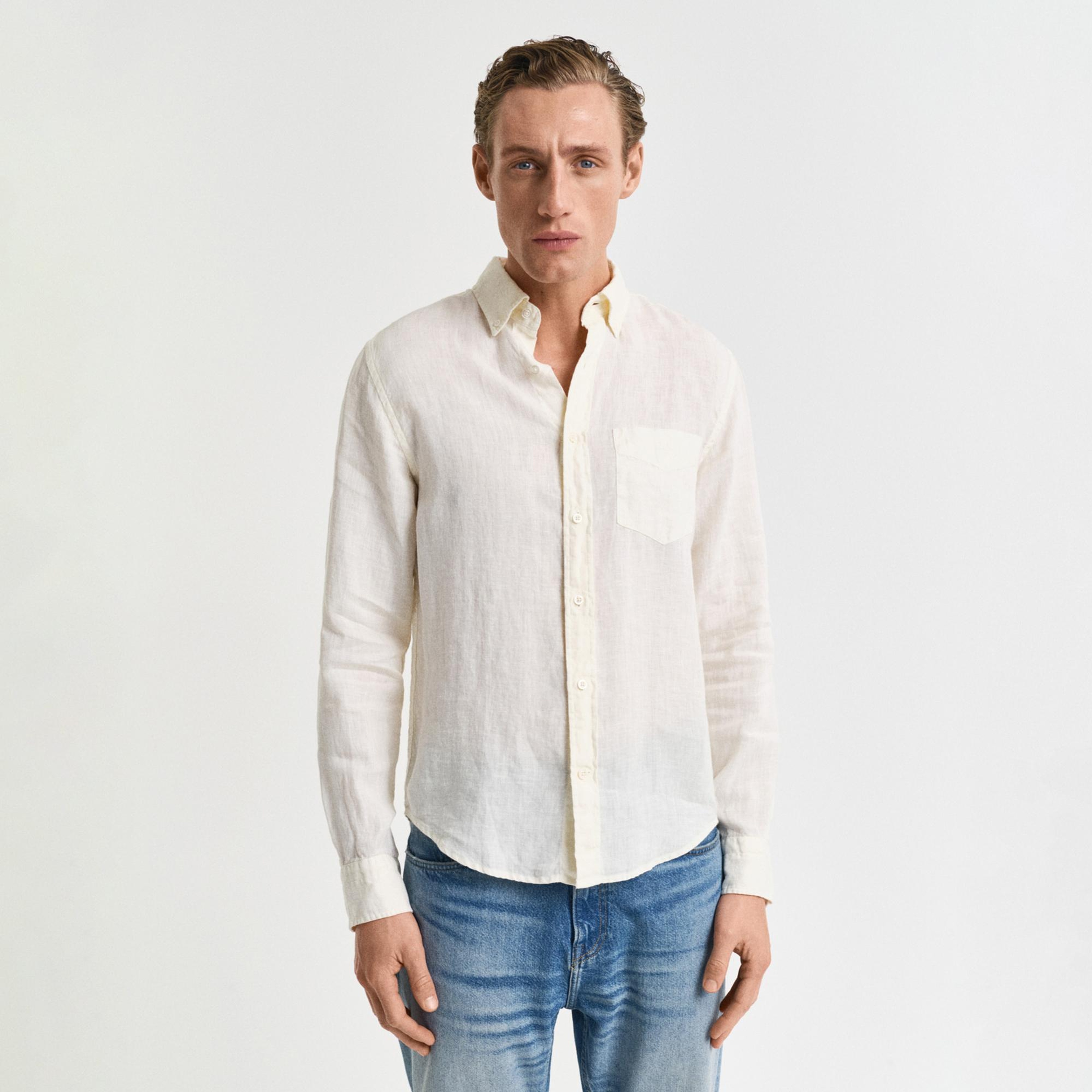 Gant Erkek Krem Regular Fit Düğmeli Yaka Keten Gömlek