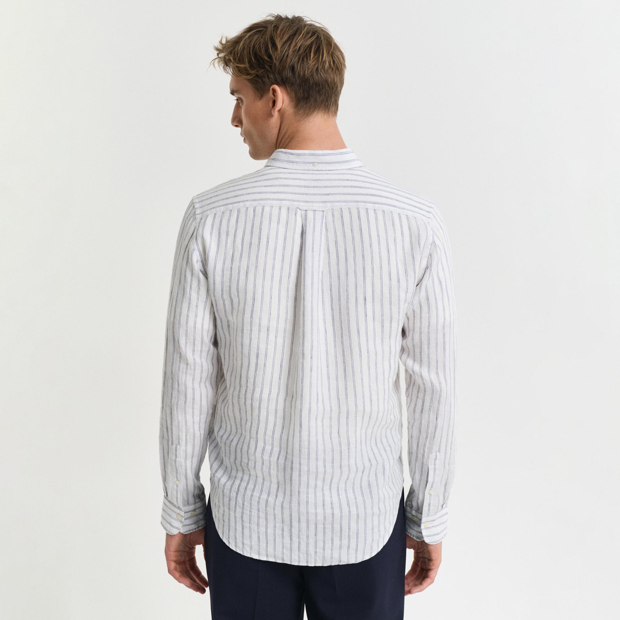 GANT Erkek Beyaz Regular Fit Düğmeli Yaka Çizgili Gömlek