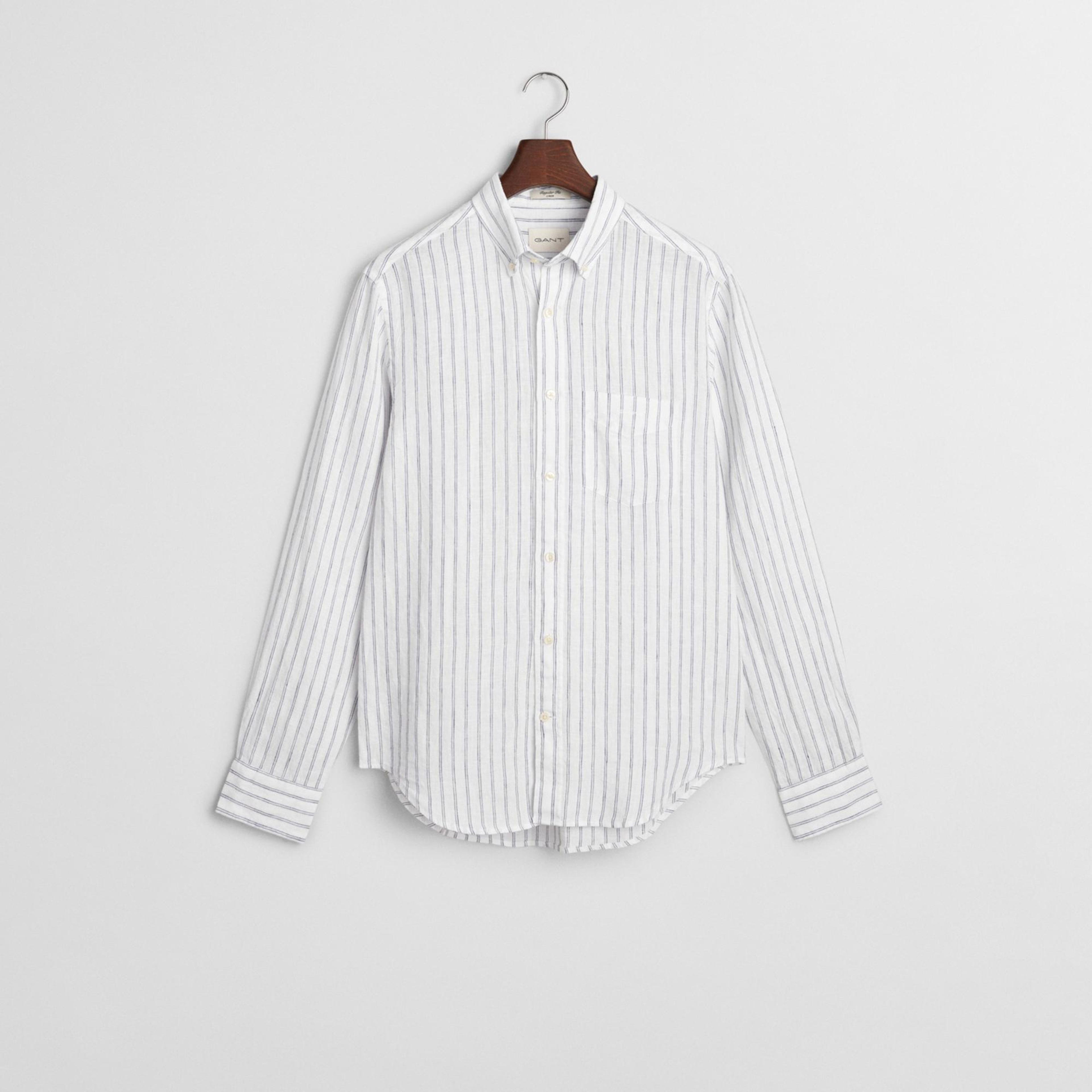 GANT Erkek Beyaz Regular Fit Düğmeli Yaka Çizgili Gömlek