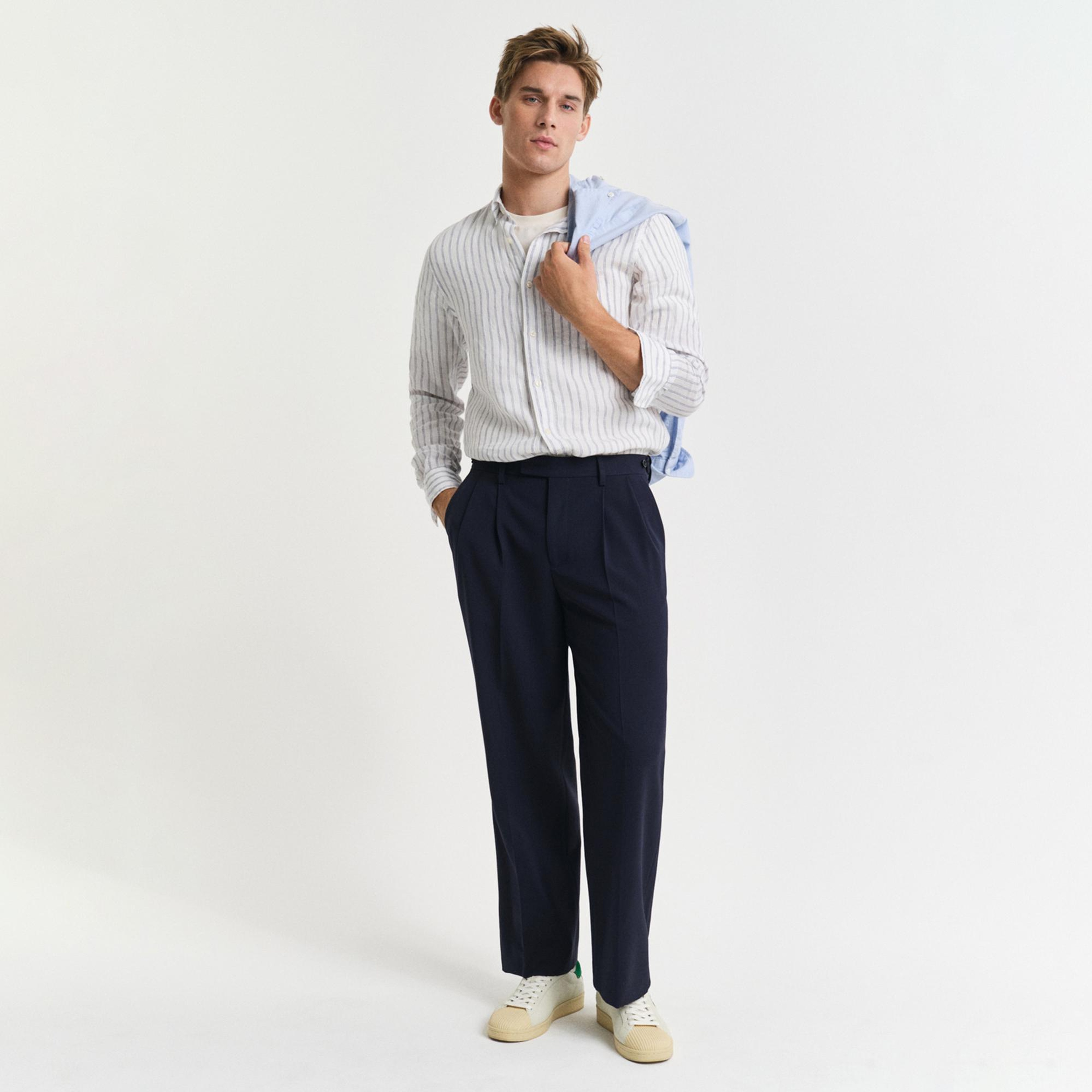 GANT Erkek Beyaz Regular Fit Düğmeli Yaka Çizgili Gömlek