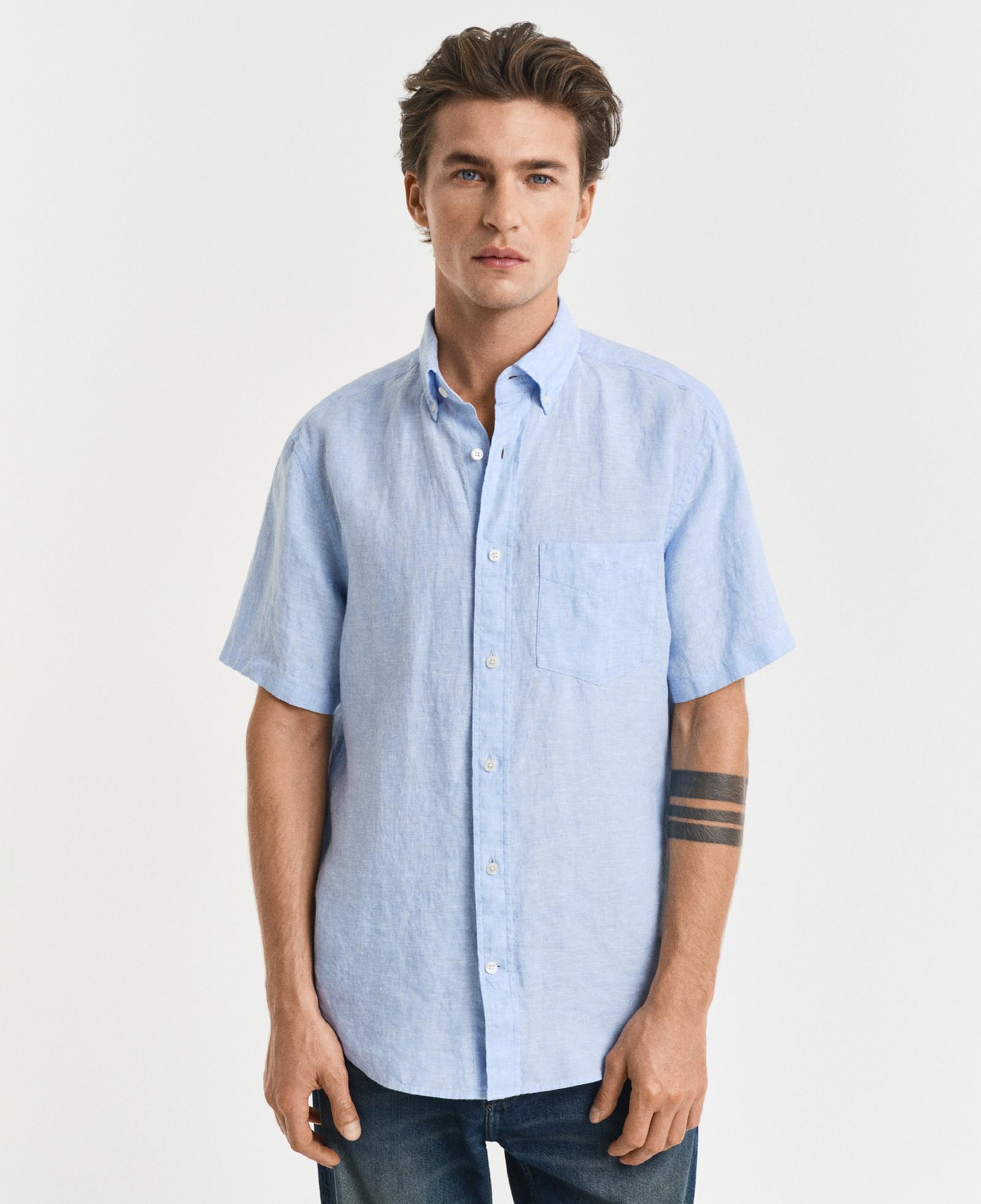 GANT Erkek Mavi Regular Fit Düğmeli Yaka Keten Gömlek