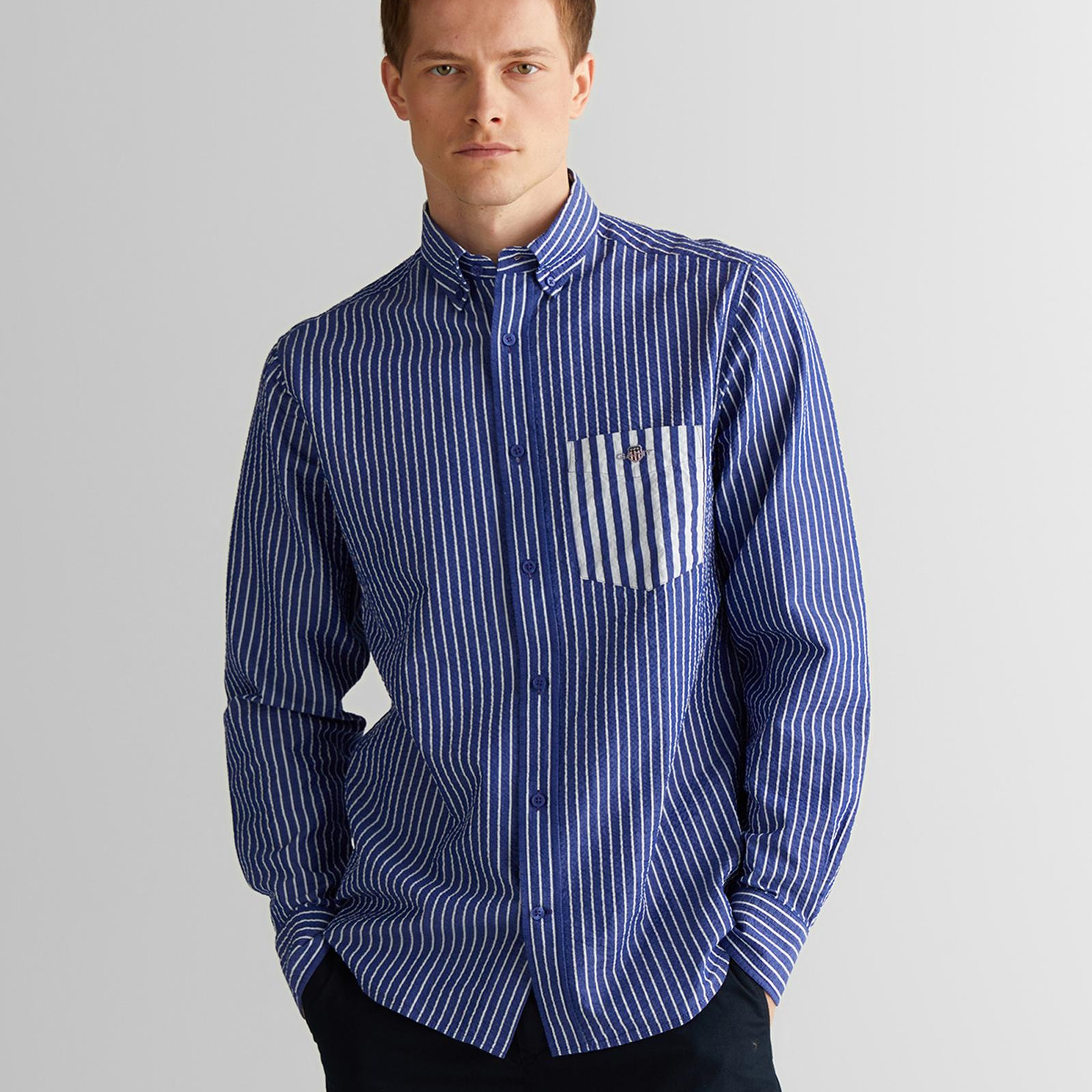 GANT Erkek Lacivert Düğmeli Yaka Çizgili Gömlek