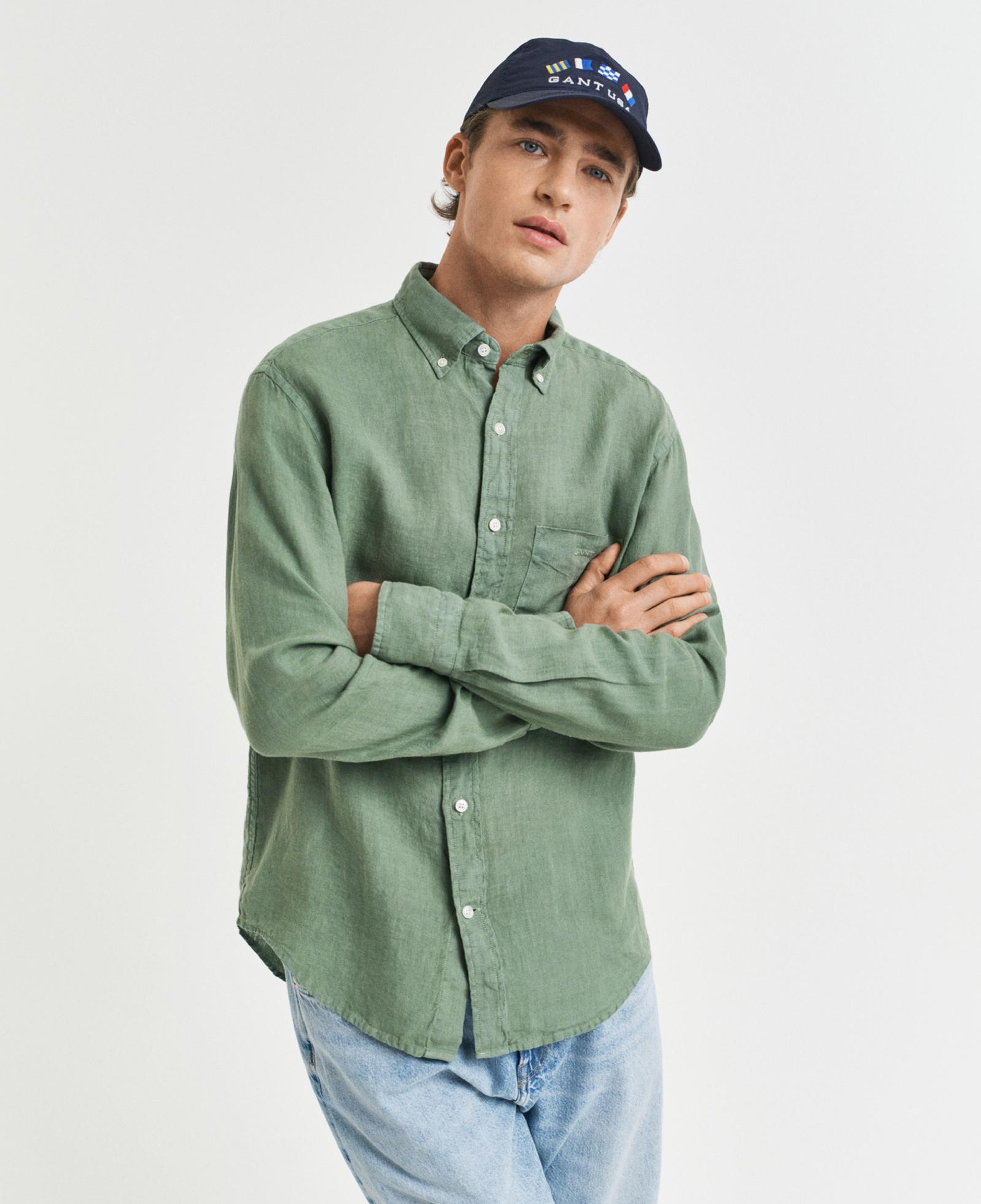 GANT Erkek Yeşil Regular Fit Düğmeli Yaka Keten Gömlek