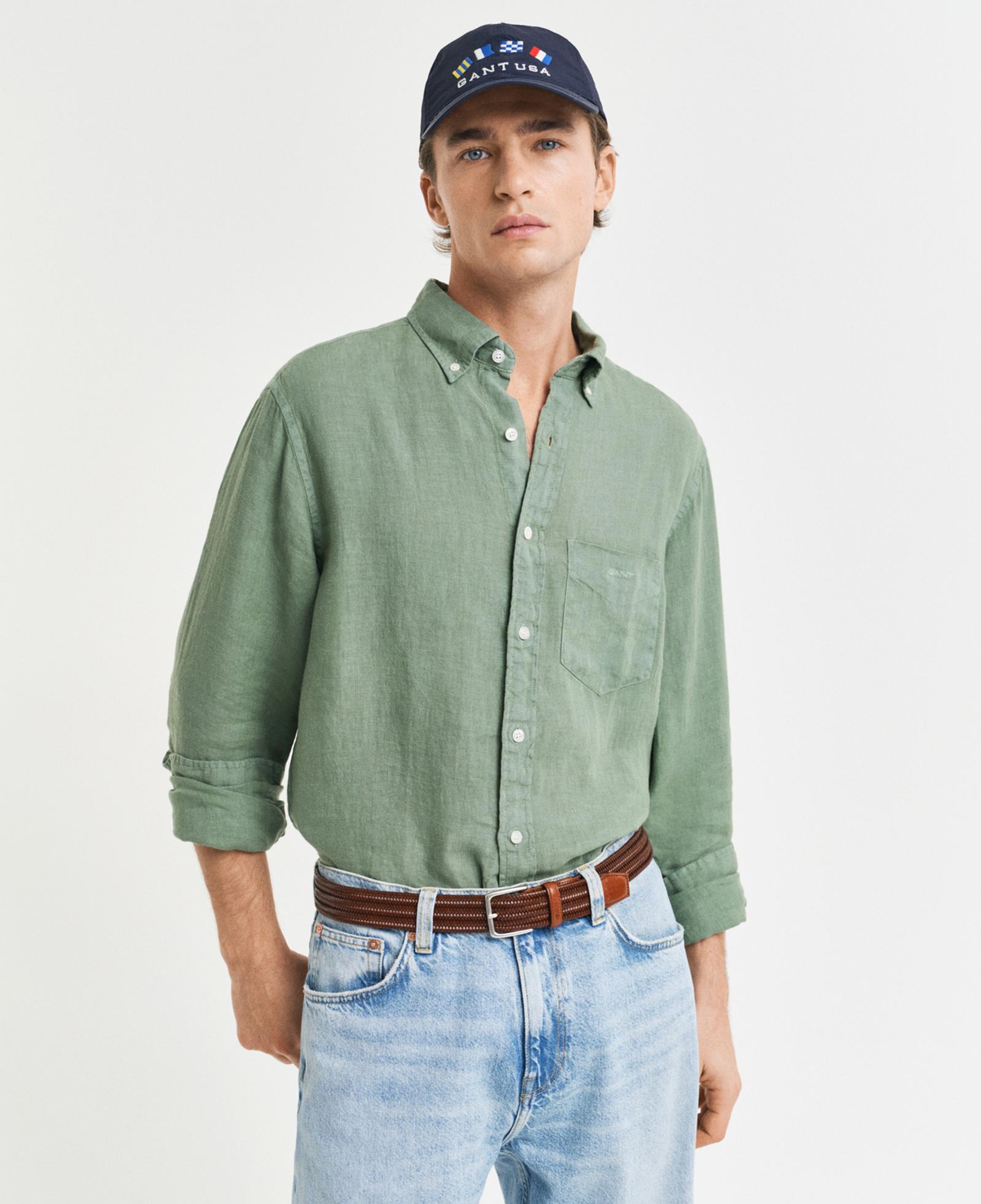 GANT Erkek Yeşil Regular Fit Düğmeli Yaka Keten Gömlek