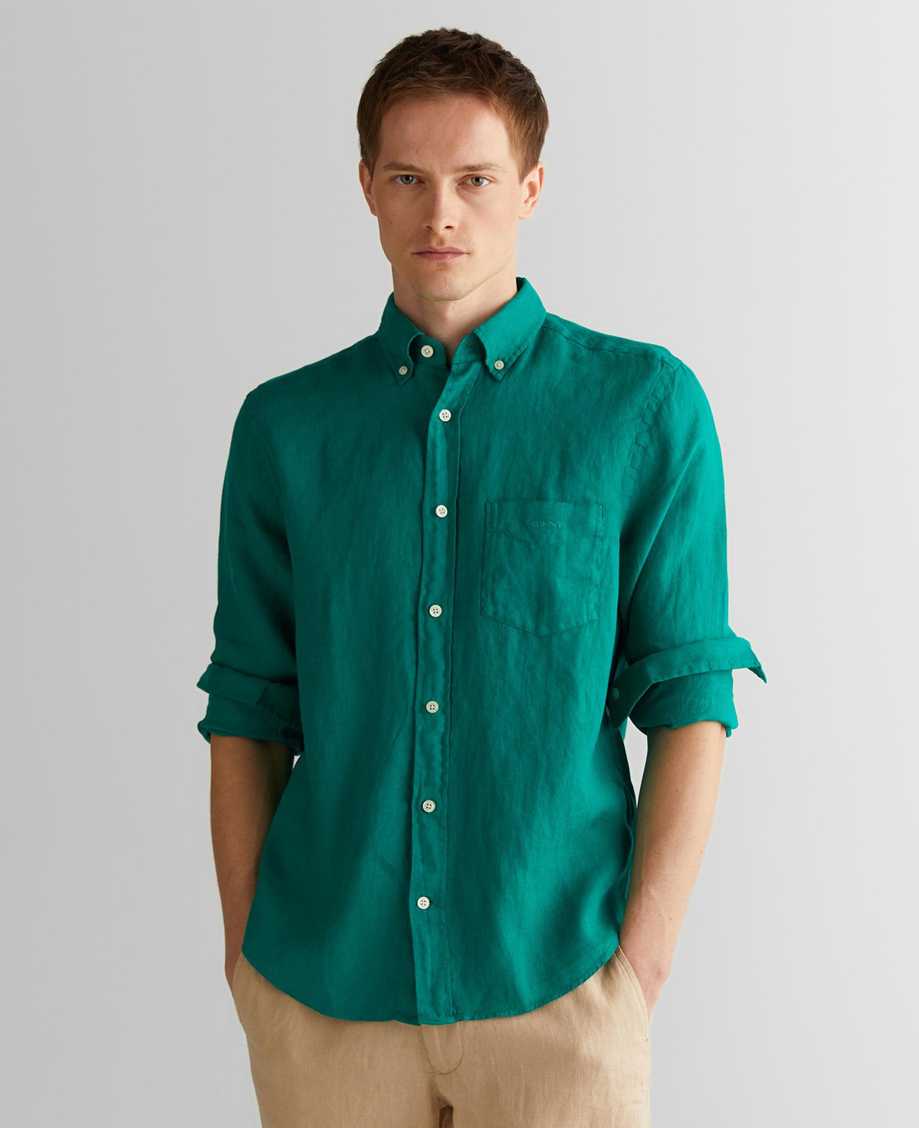 GANT Erkek Yeşil Regular Fit Düğmeli Yaka Keten Gömlek