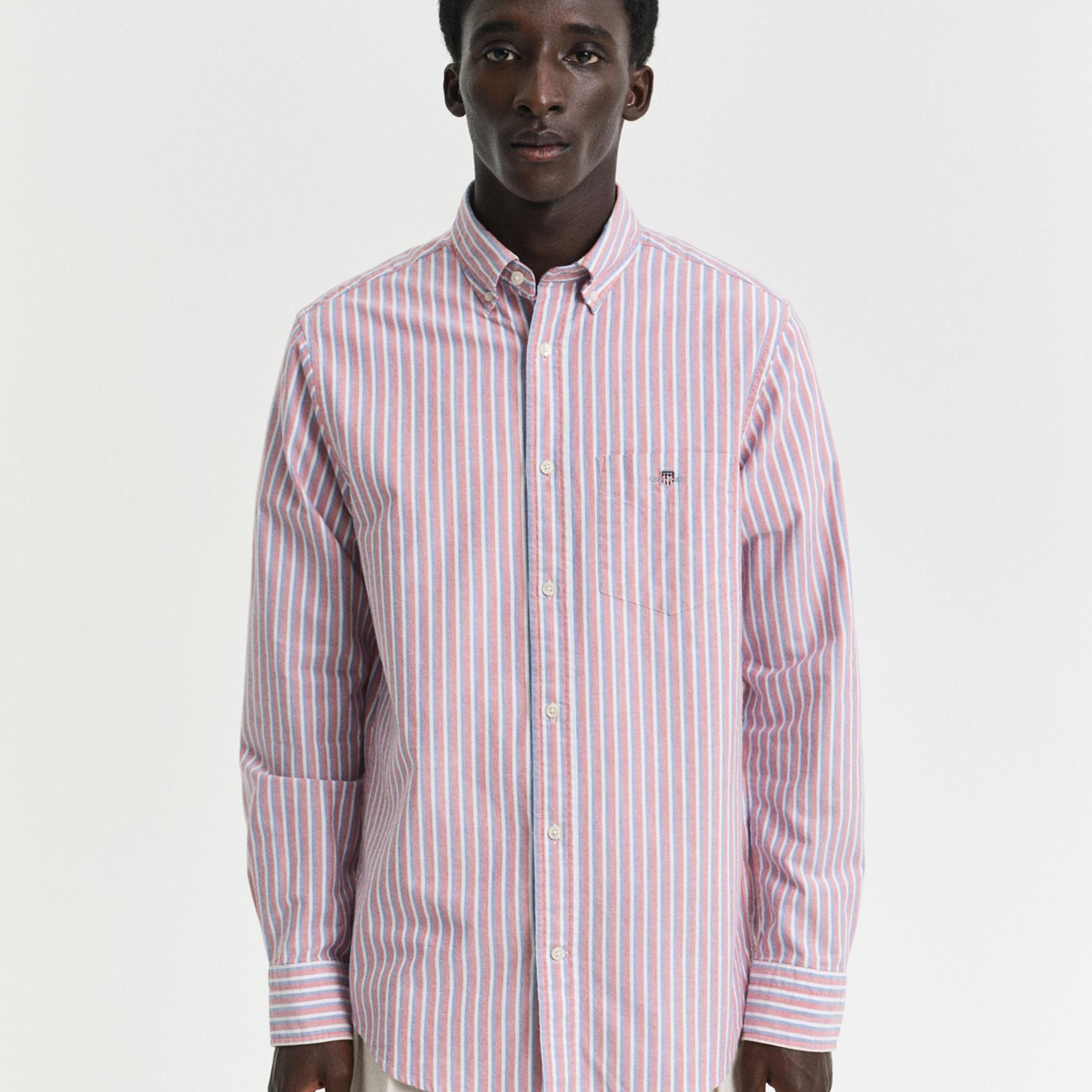 GANT Erkek Kırmızı Regular Fit Düğmeli Yaka Çizgili Gömlek