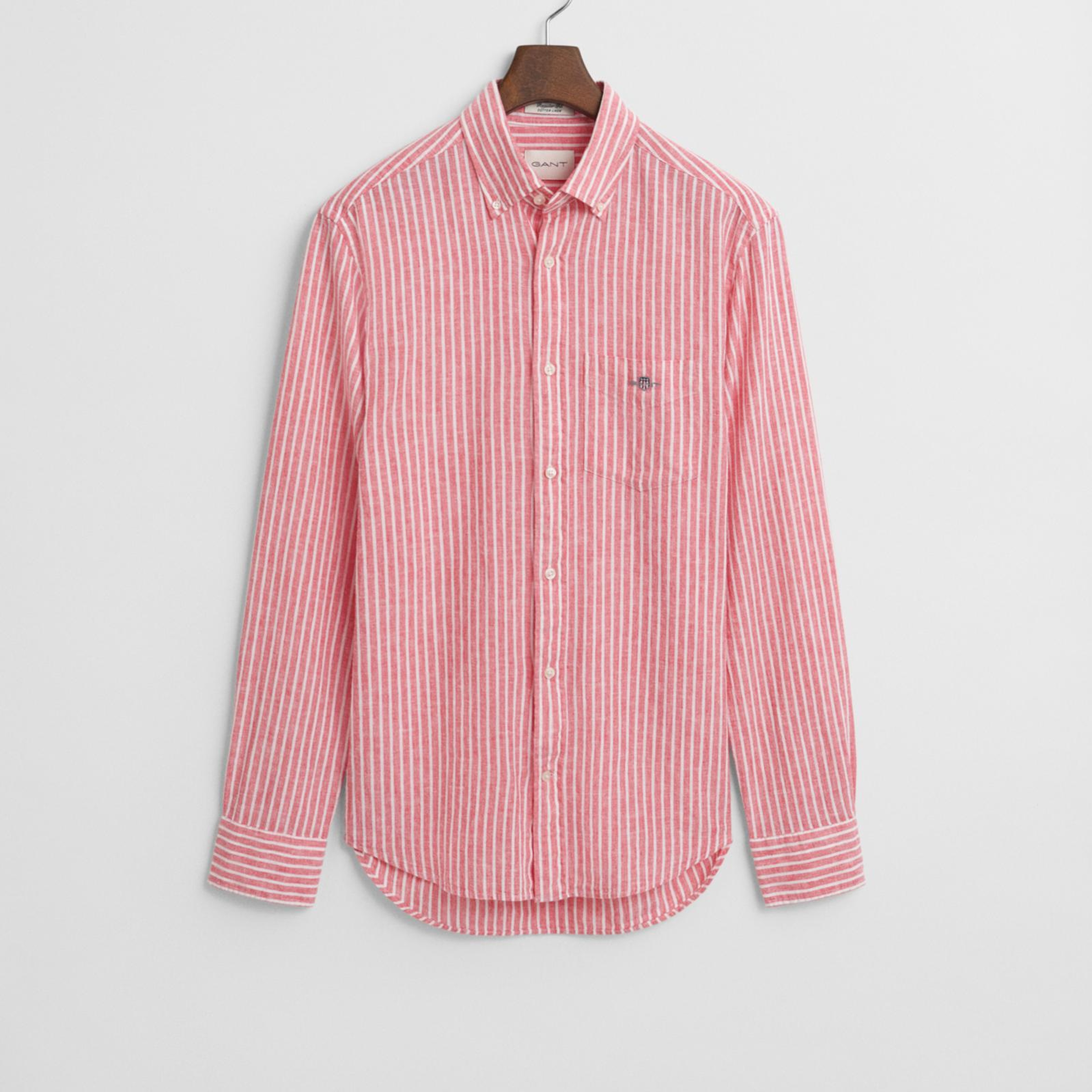 GANT Erkek Kırmızı Regular Fit Düğmeli Yaka Çizgili Keten Gömlek