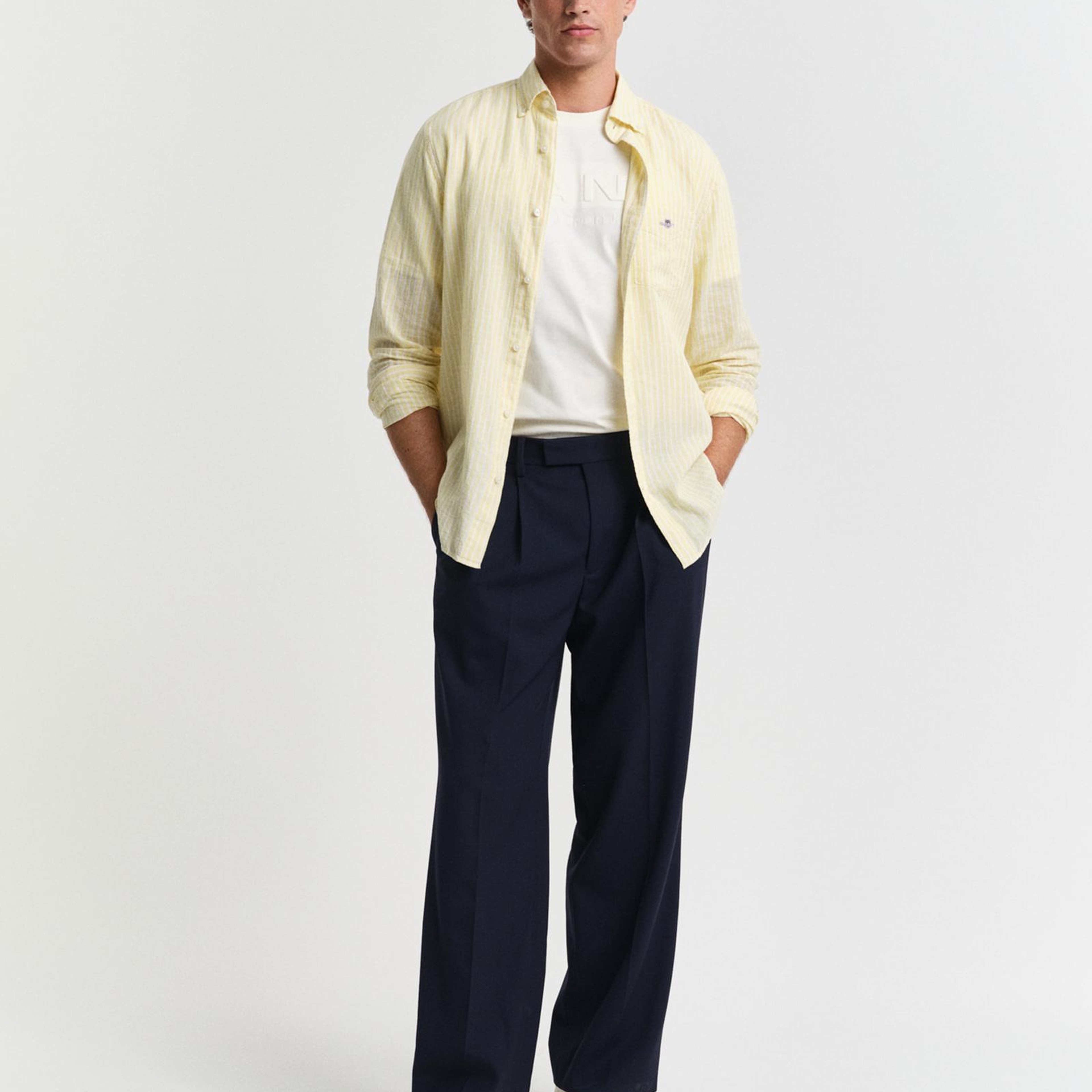 GANT Erkek Sarı Regular Fit Düğmeli Yaka Çizgili Keten Gömlek