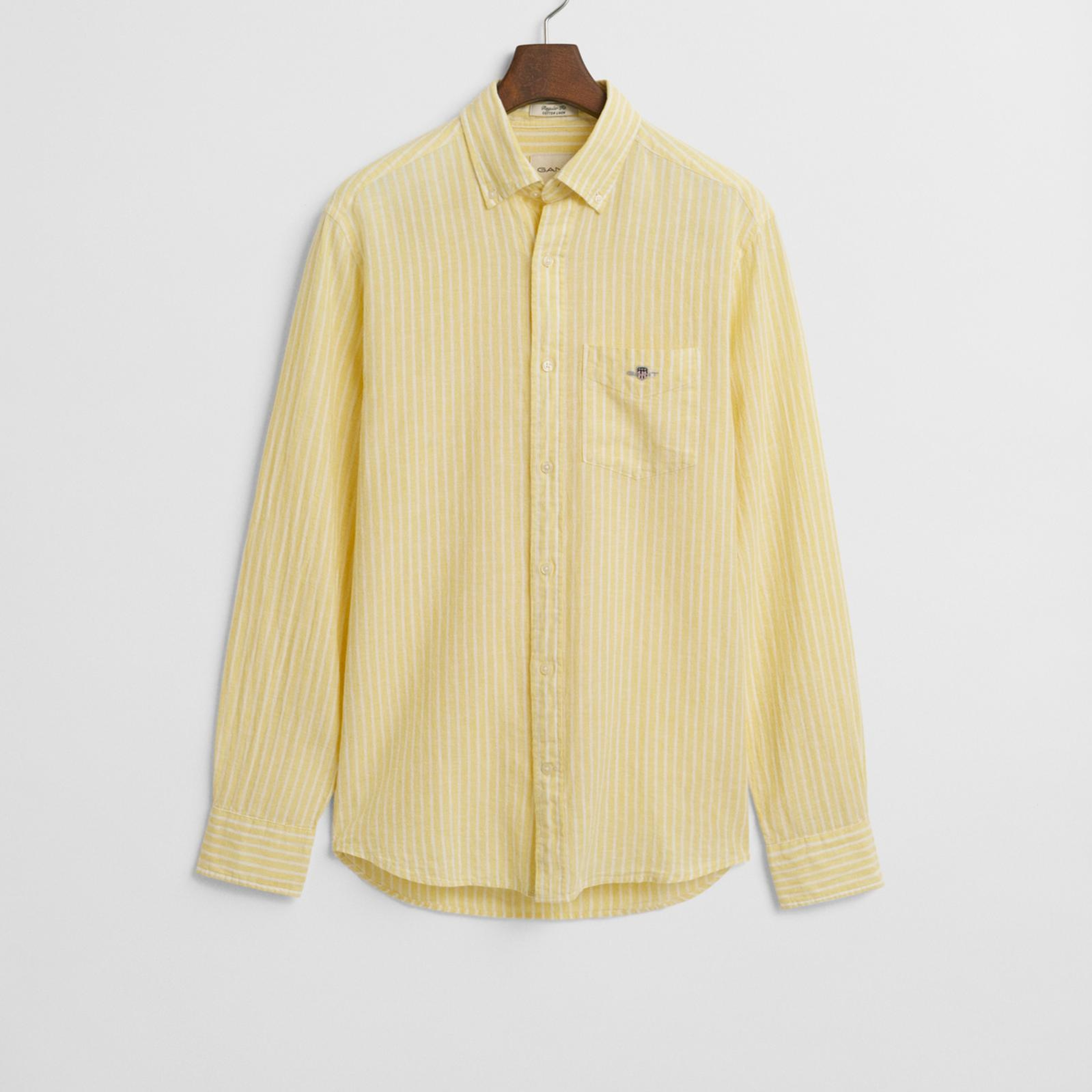 GANT Erkek Sarı Regular Fit Düğmeli Yaka Çizgili Keten Gömlek