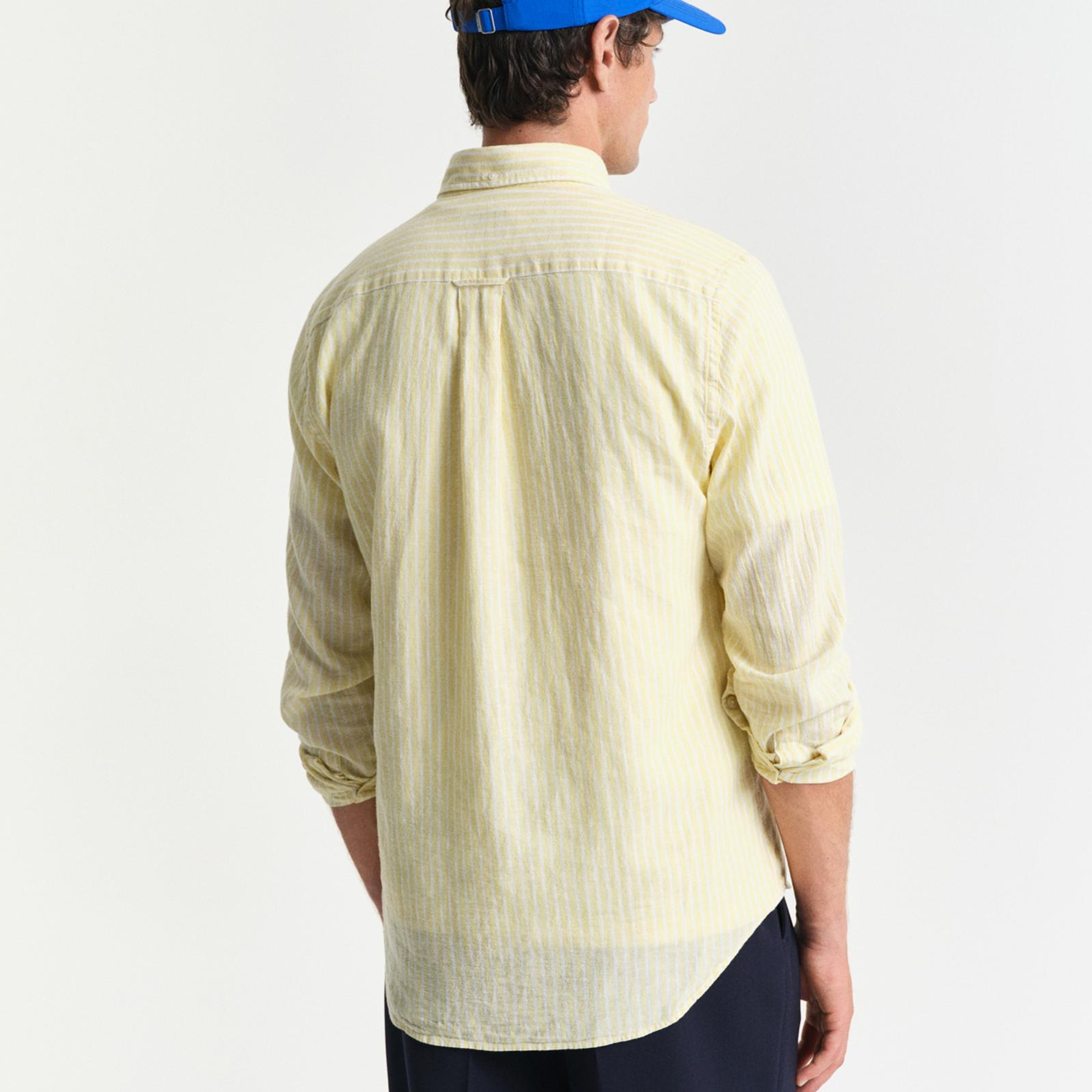 GANT Erkek Sarı Regular Fit Düğmeli Yaka Çizgili Keten Gömlek