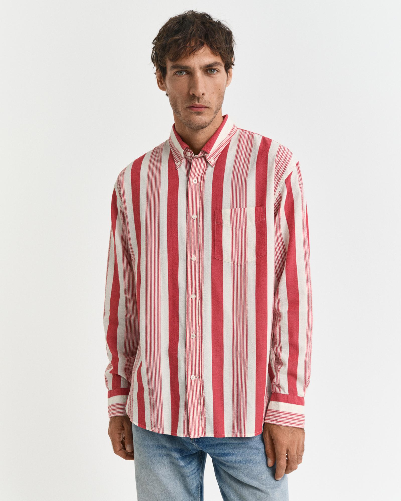 GANT Erkek Kırmızı Relaxed Fit Düğmeli Yaka Çizgili Gömlek
