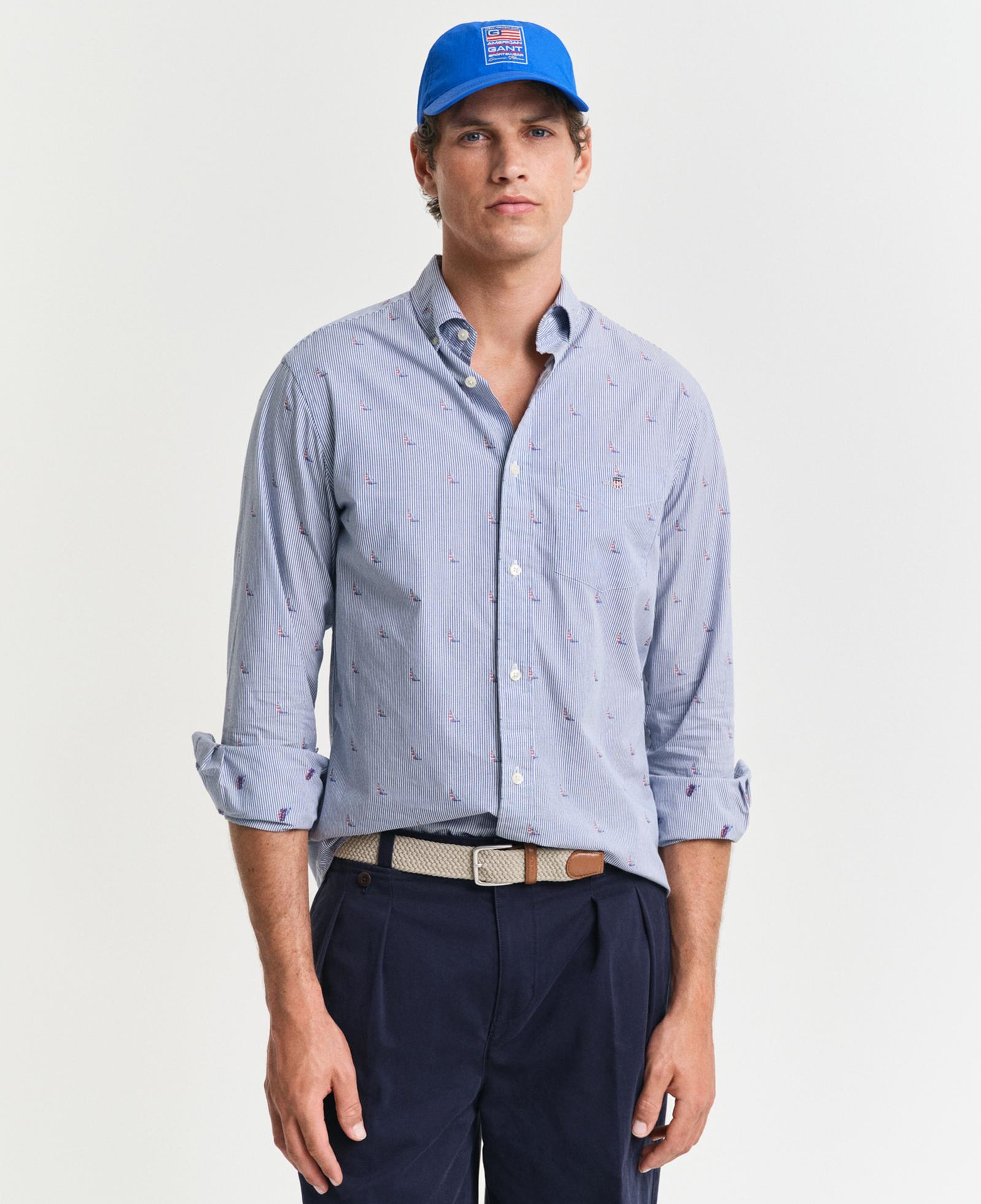 GANT Erkek Mavi Regular Fit Düğmeli Yaka Çizgili Gömlek