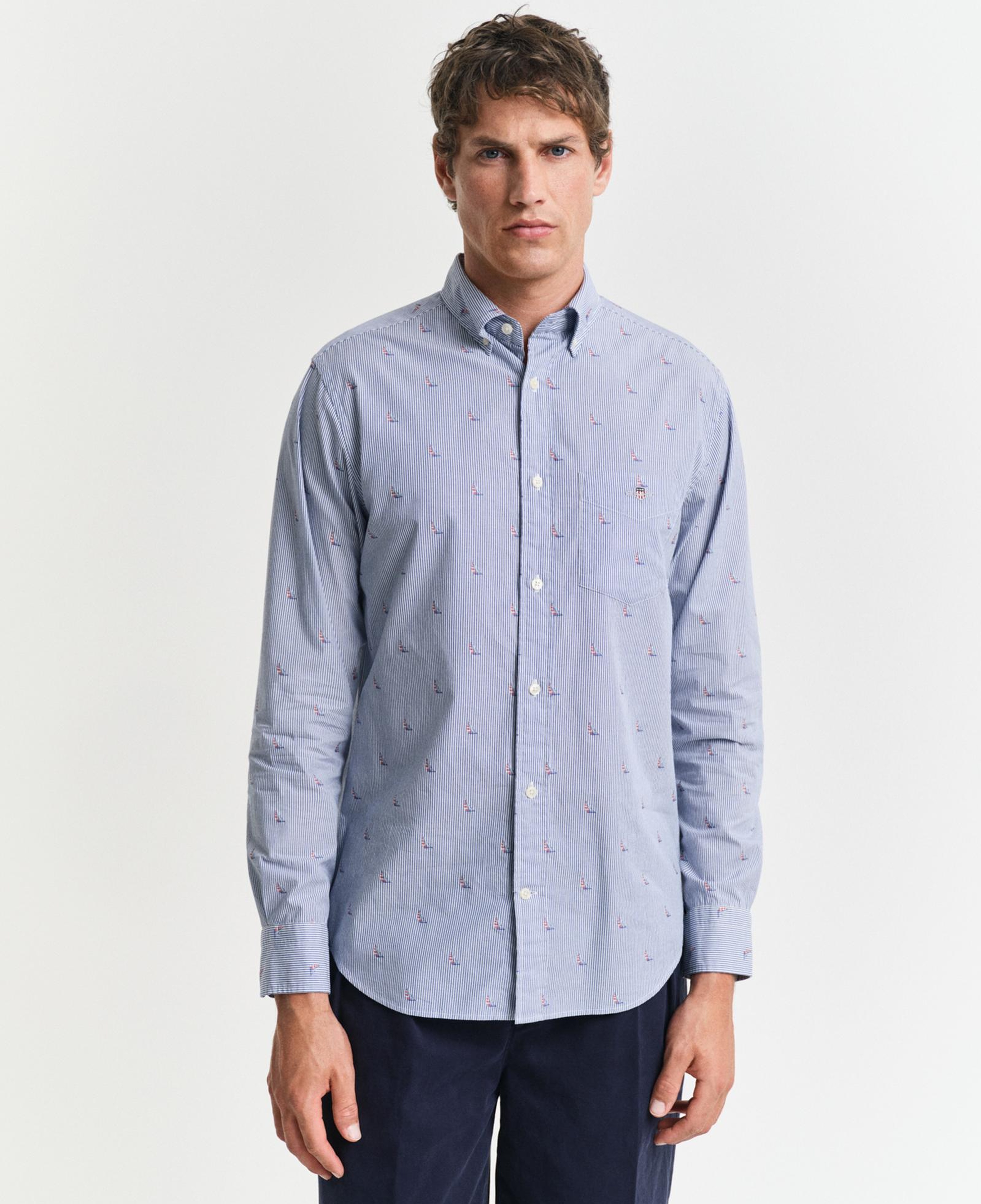 GANT Erkek Mavi Regular Fit Düğmeli Yaka Çizgili Gömlek