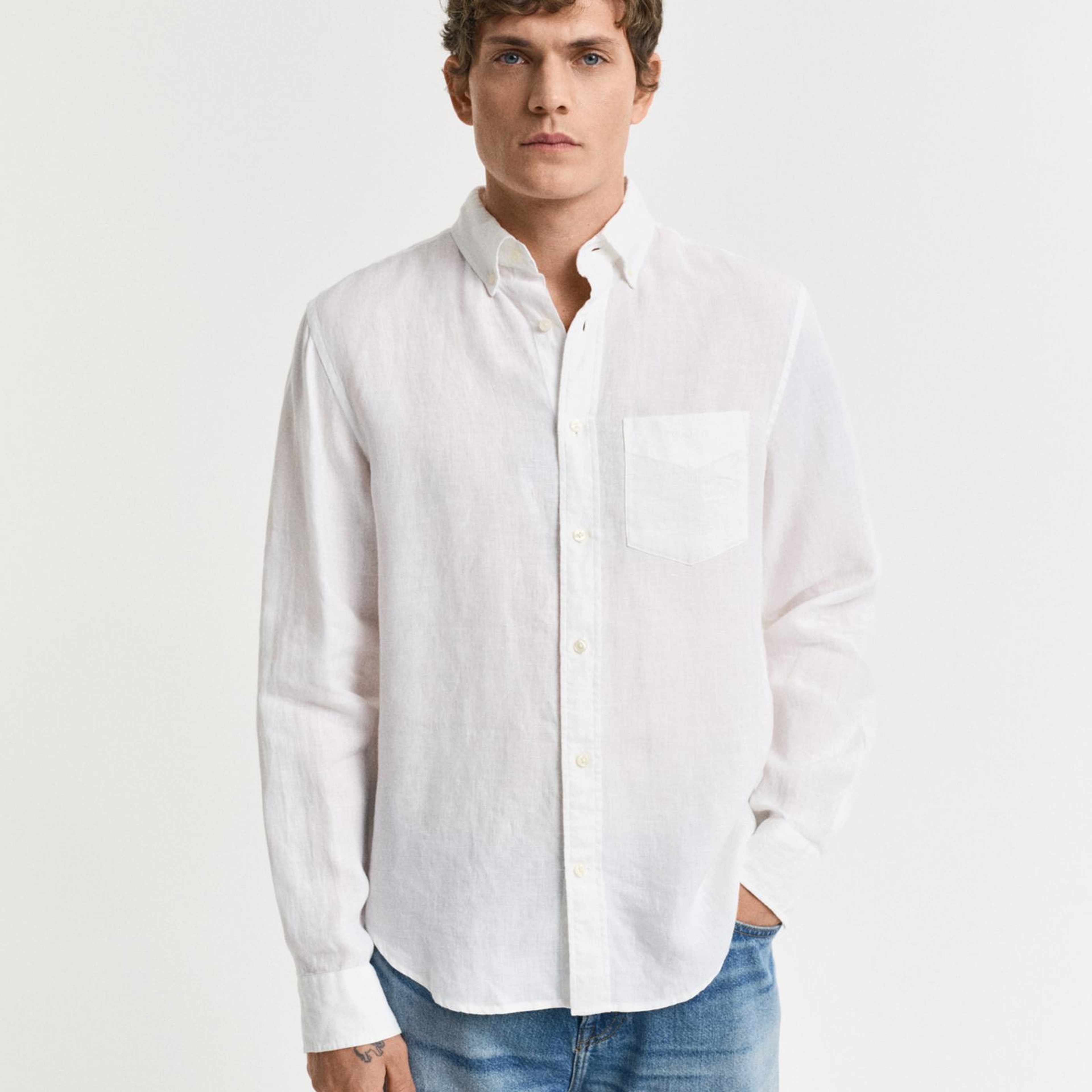 GANT Erkek Beyaz Regular Fit Düğmeli Yaka Keten Gömlek