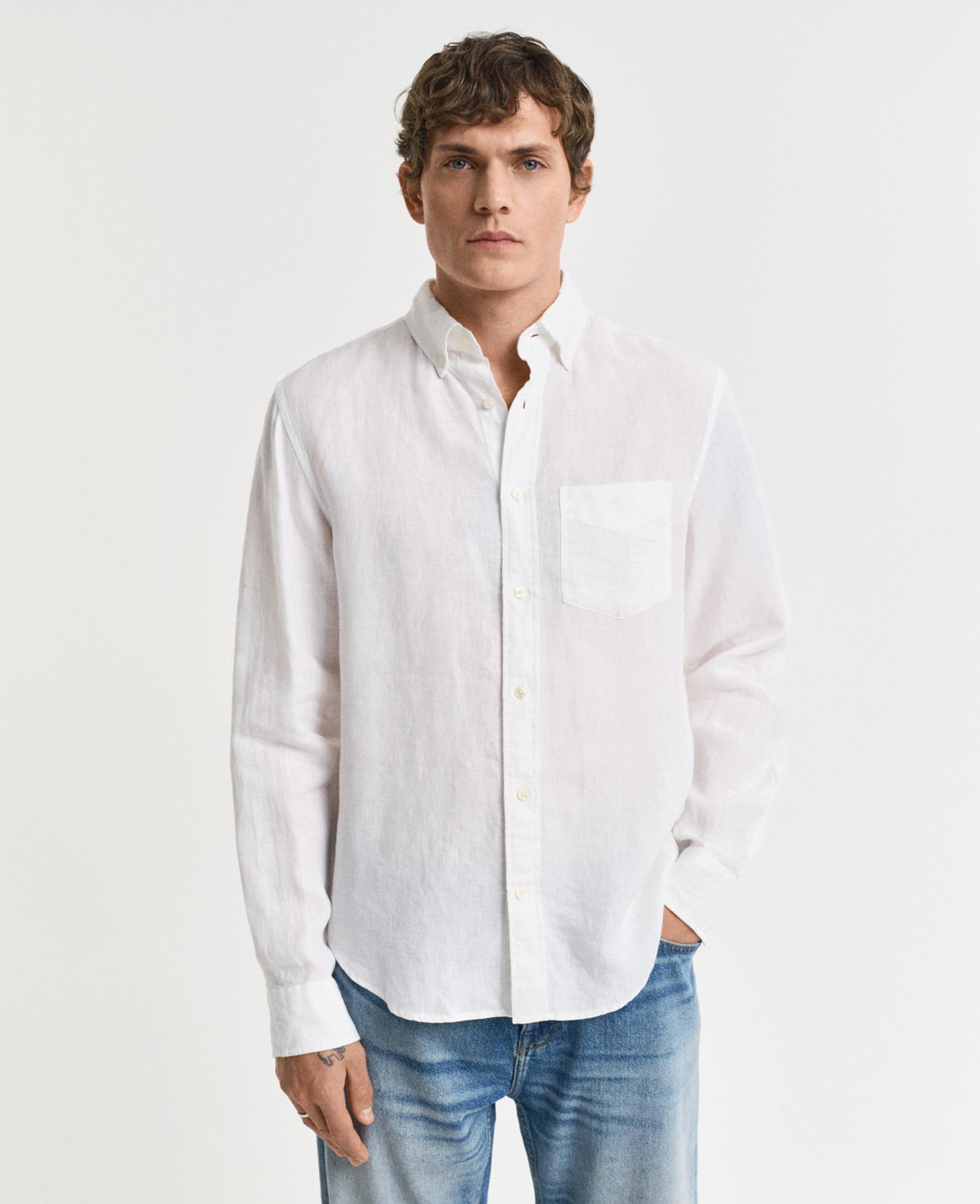 GANT Erkek Beyaz Regular Fit Düğmeli Yaka Keten Gömlek