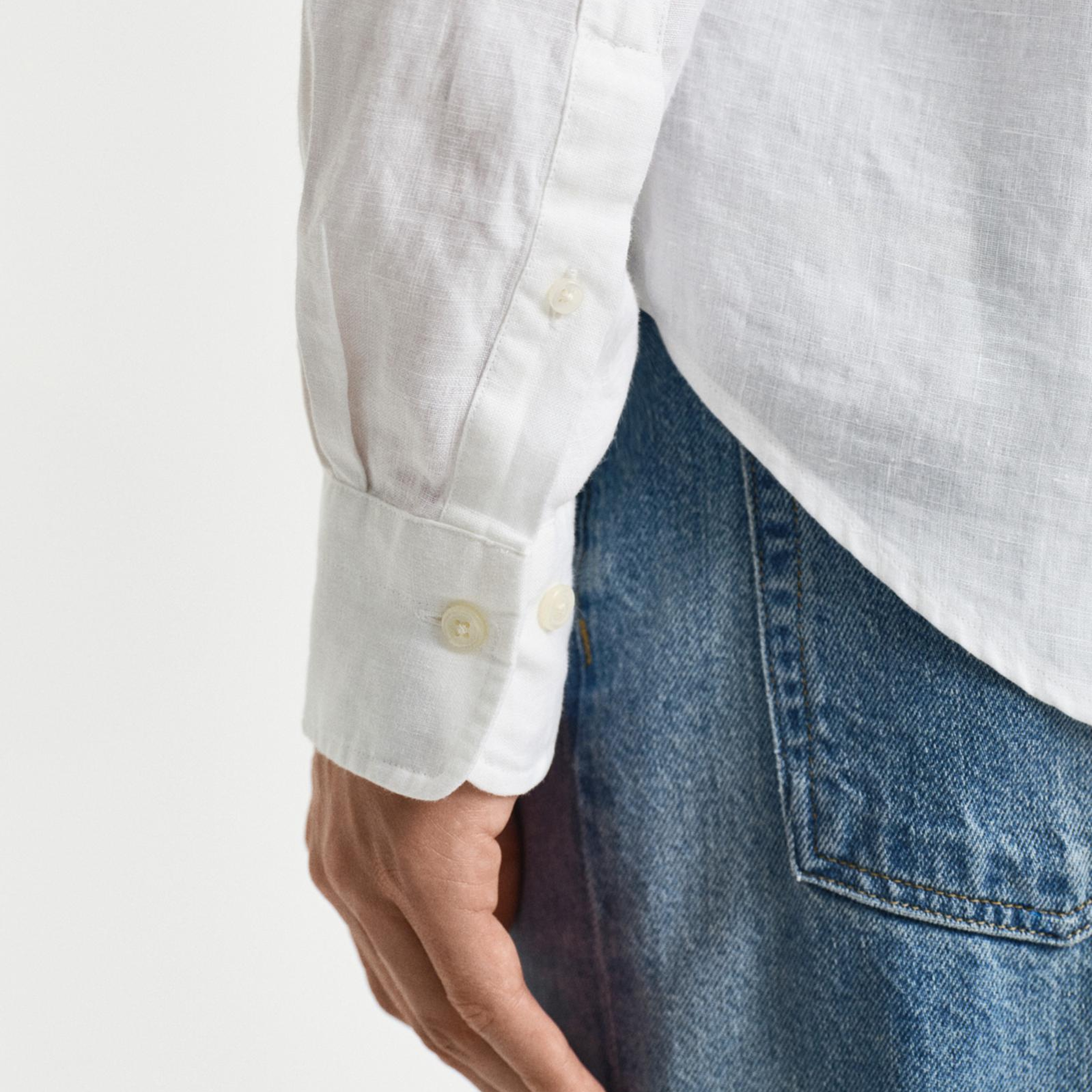 GANT Erkek Beyaz Regular Fit Düğmeli Yaka Keten Gömlek