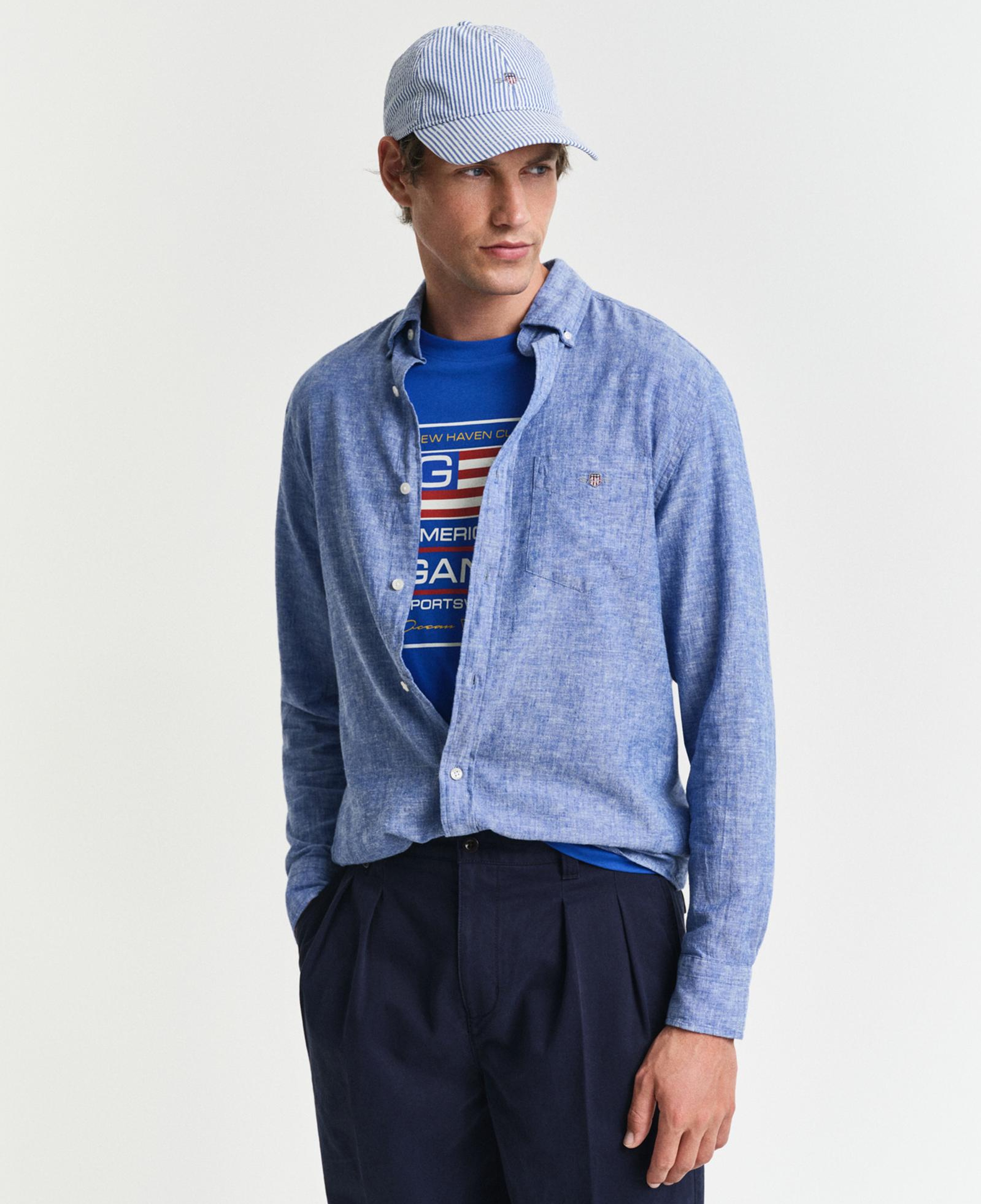 GANT Erkek Lacivert Regular Fit Düğmeli Yaka Keten Gömlek