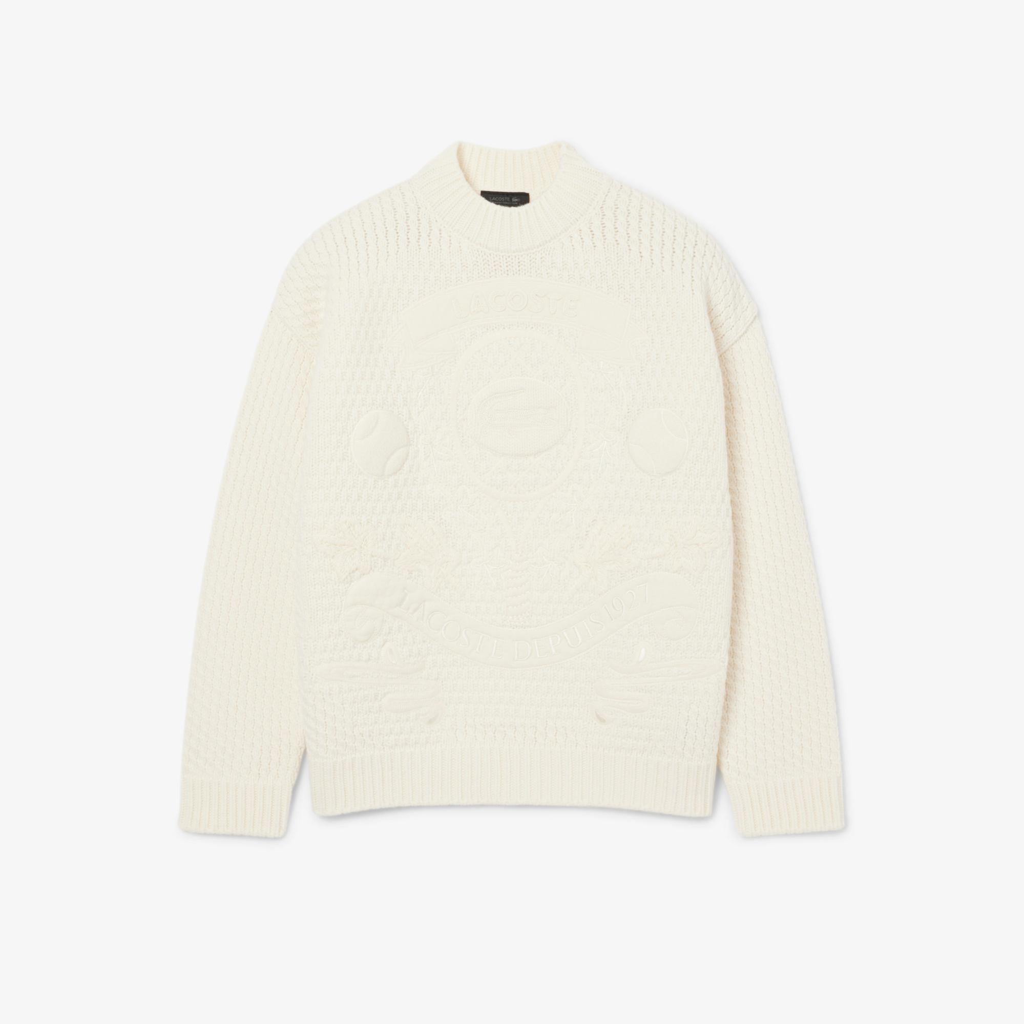 Lacoste FW25 RUNWAY Erkek Oversize Fit Bisiklet Yaka Baskılı Yün Beyaz Kazak