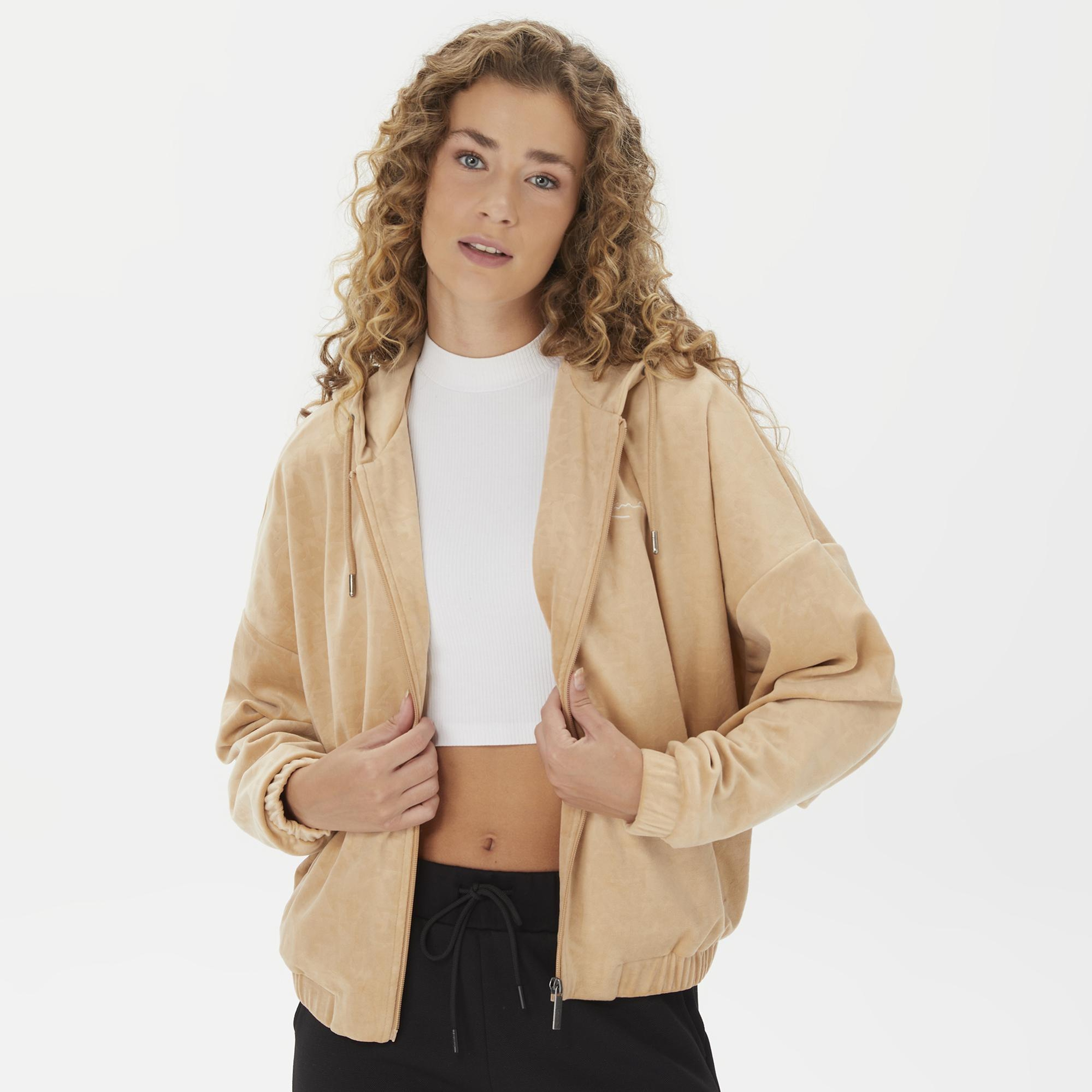 Karl Kani Signature Velvet Logo Wide Leg Kadın Bej Sweatshirt