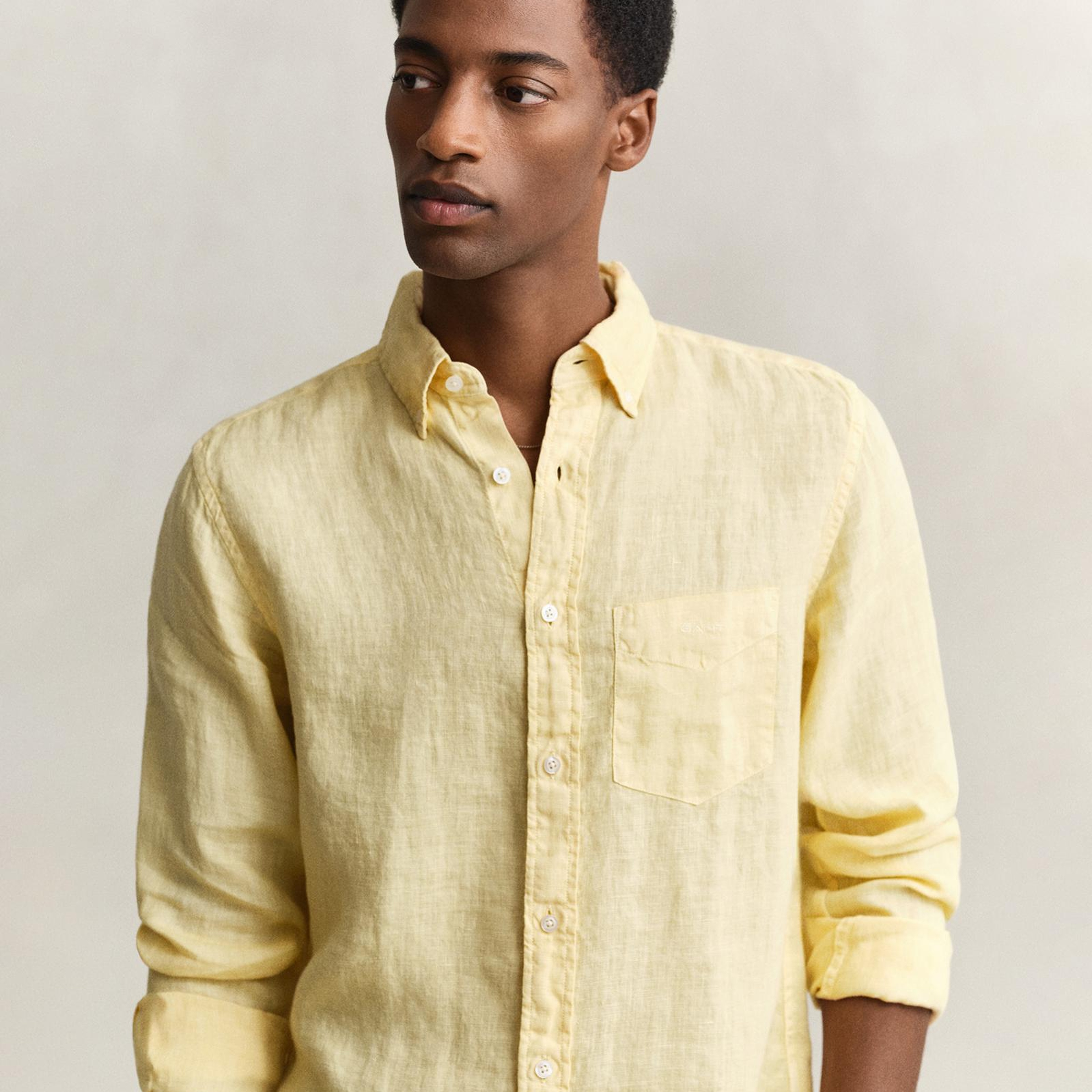Gant Erkek Sarı Regular Fit Düğmeli Yaka Keten Gömlek