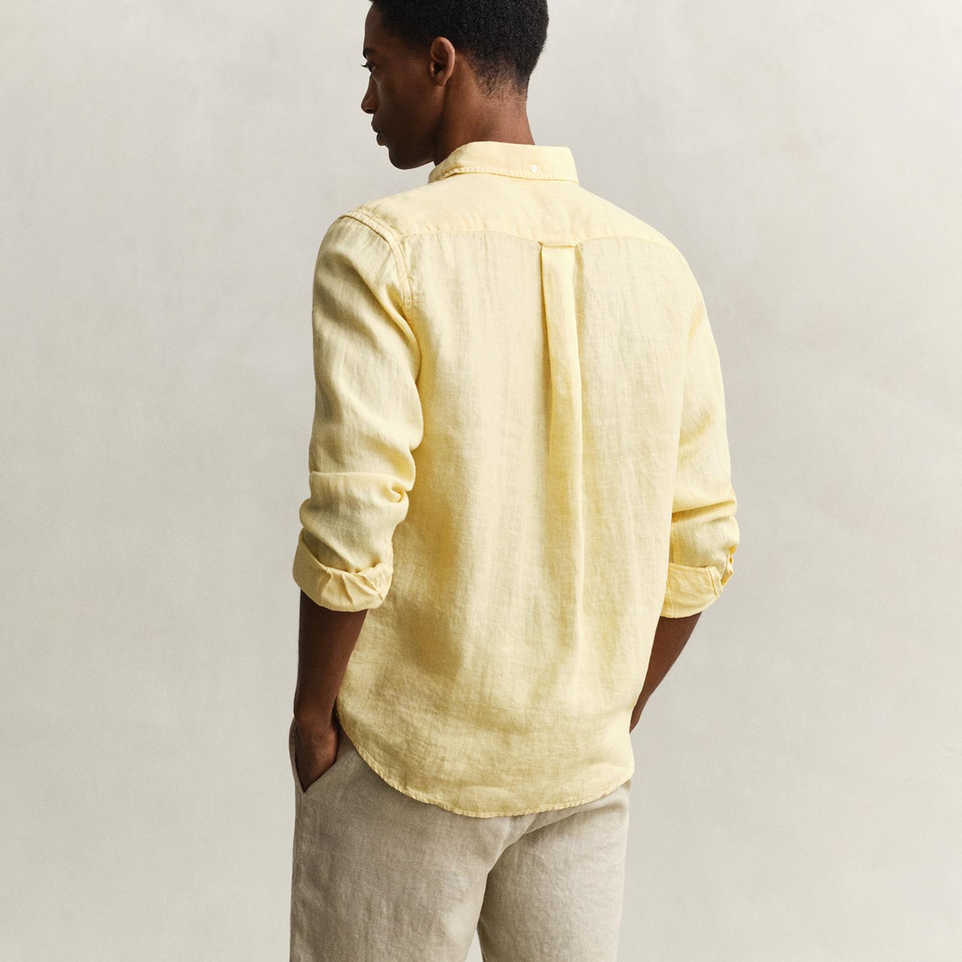 Gant Erkek Sarı Regular Fit Düğmeli Yaka Keten Gömlek