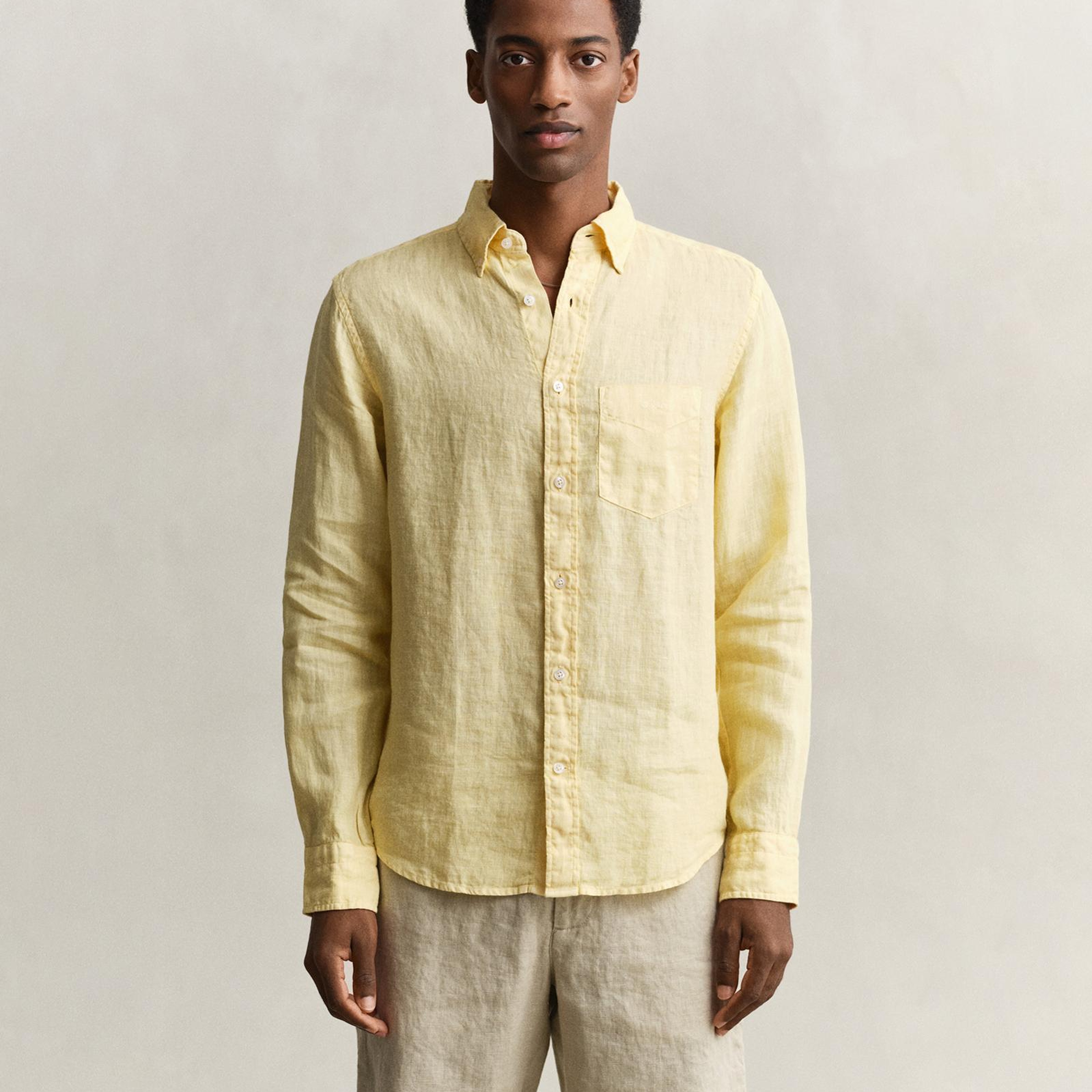 Gant Erkek Sarı Regular Fit Düğmeli Yaka Keten Gömlek