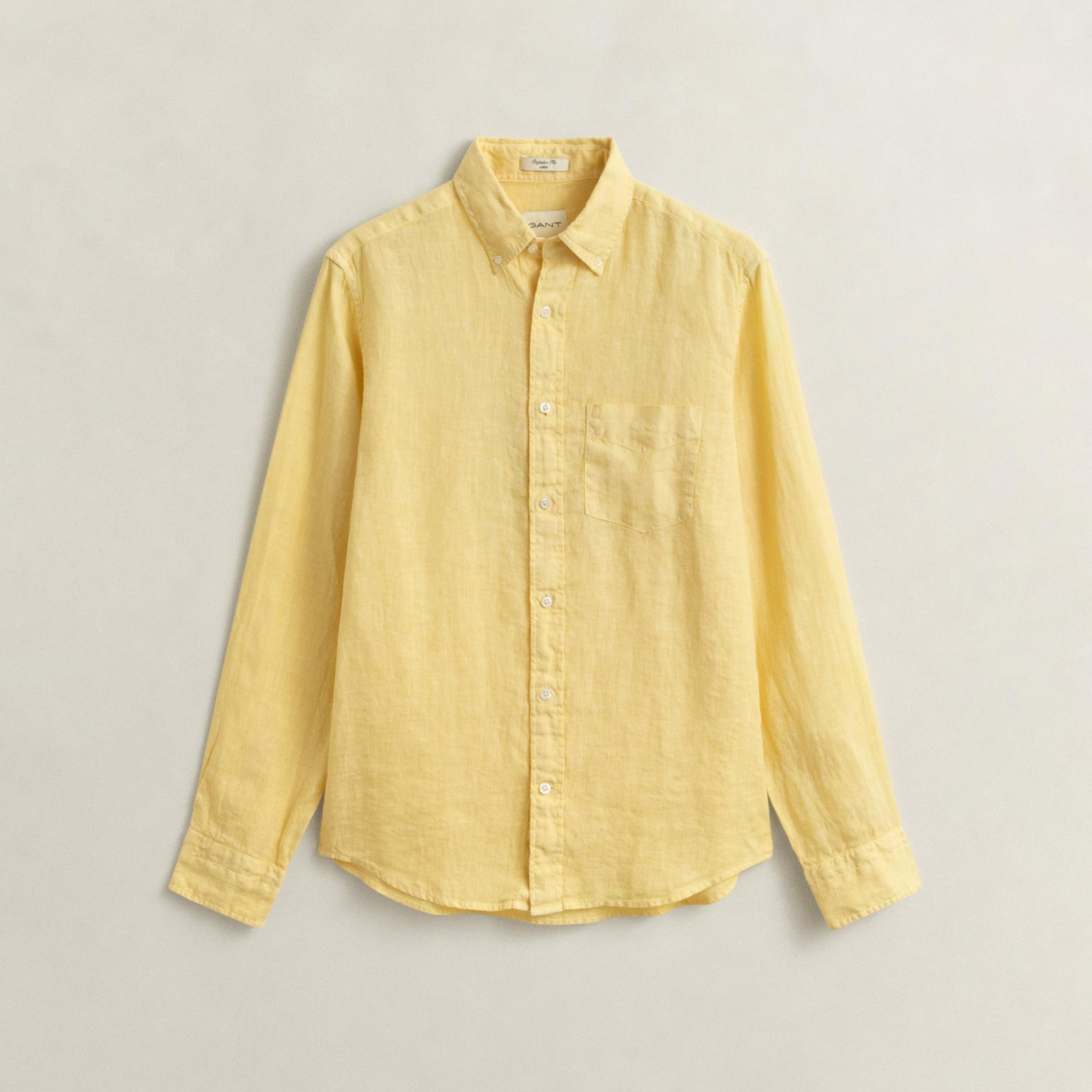 Gant Erkek Sarı Regular Fit Düğmeli Yaka Keten Gömlek