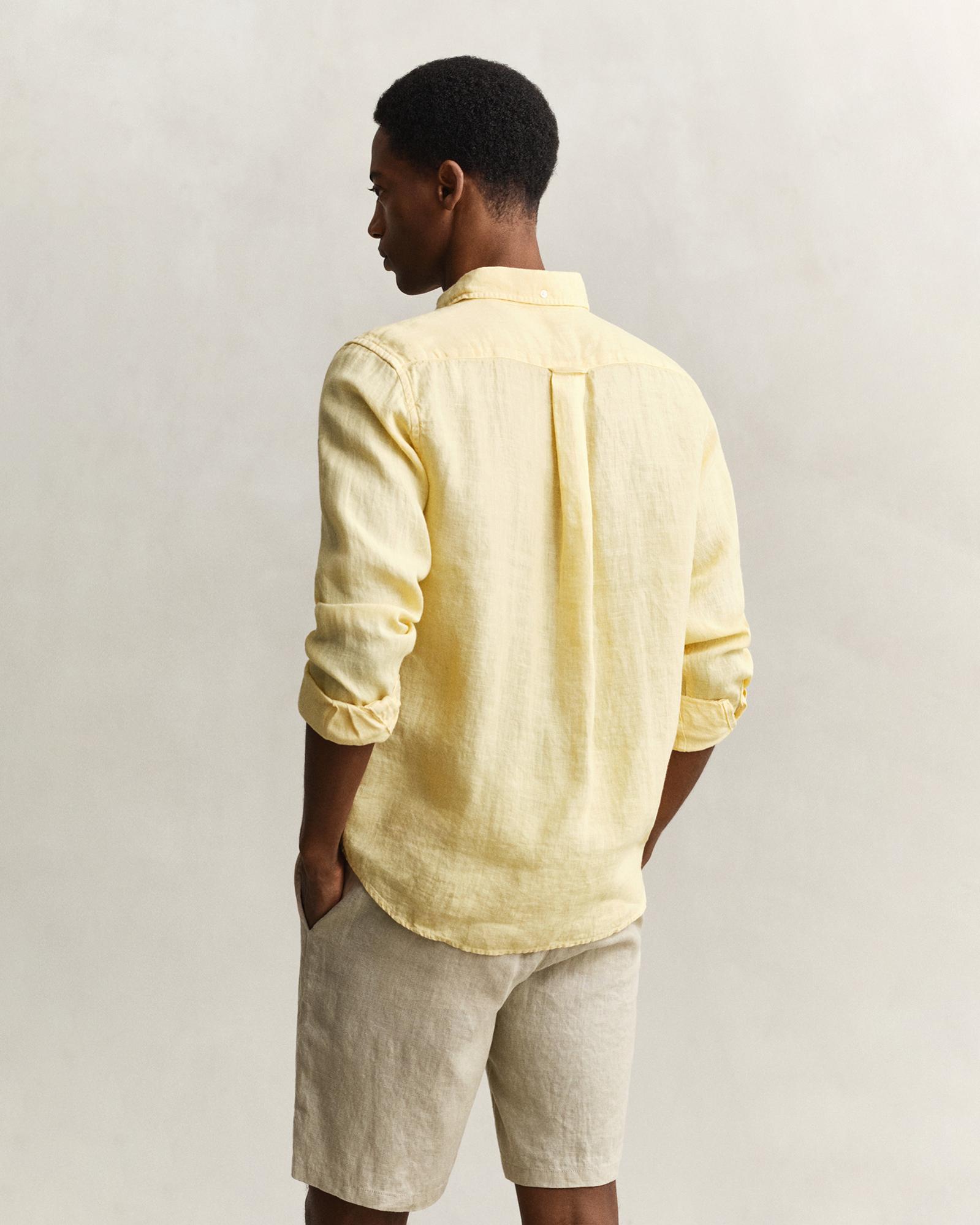 Gant Erkek Sarı Regular Fit Düğmeli Yaka Keten Gömlek