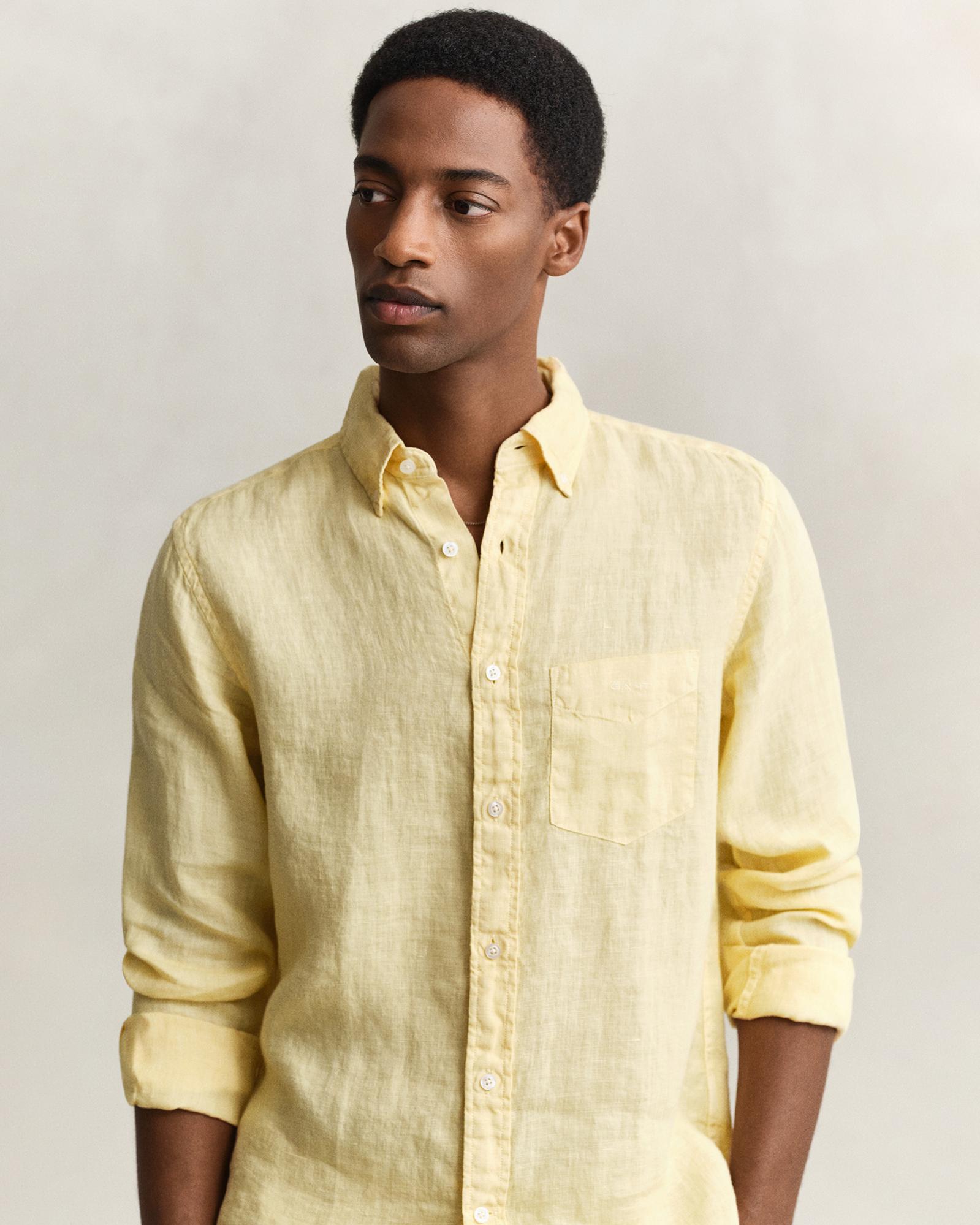 Gant Erkek Sarı Regular Fit Düğmeli Yaka Keten Gömlek