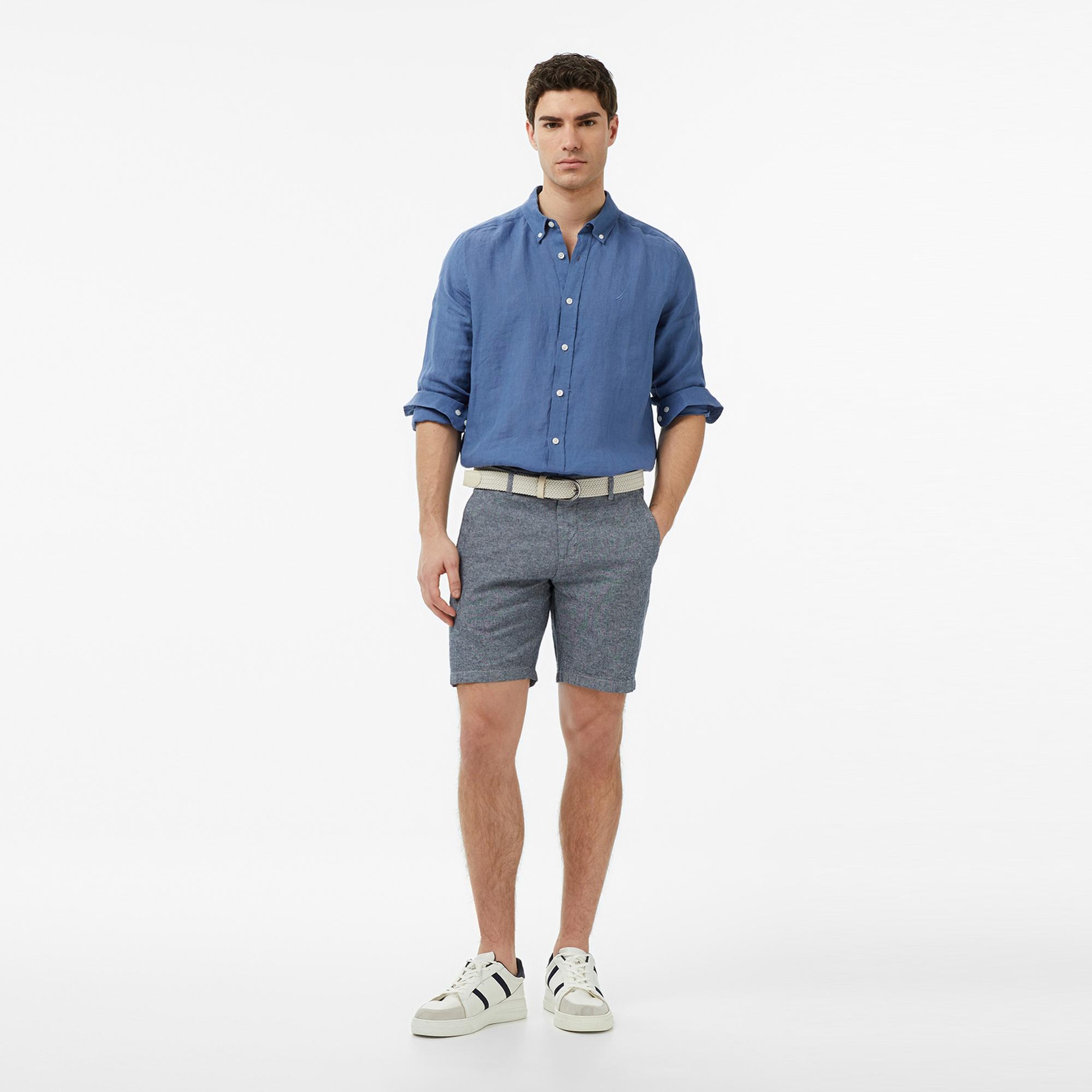 Nautica Erkek Mavi Regular Fit Keten Gömlek