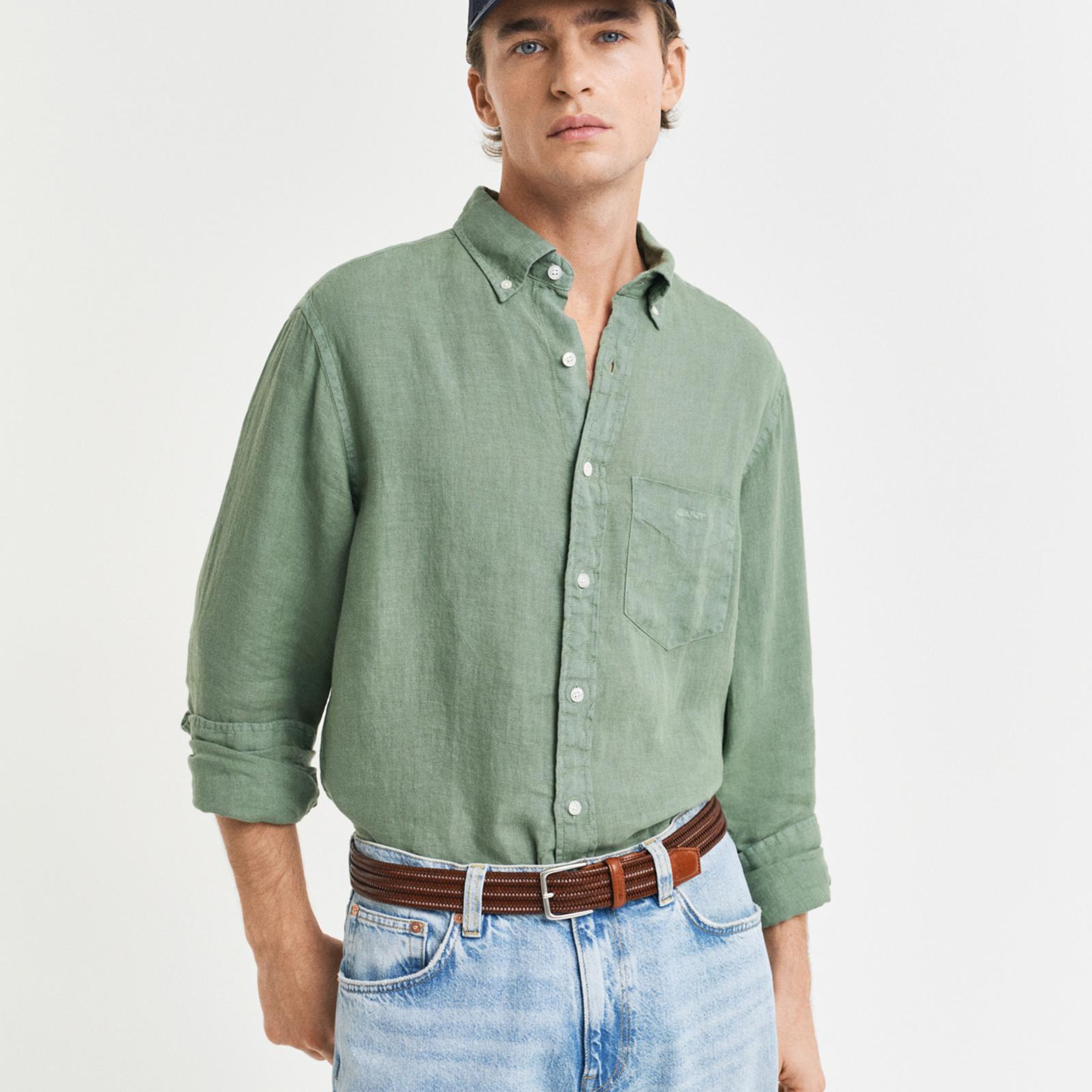 GANT Erkek Yeşil Regular Fit Düğmeli Yaka Keten Gömlek