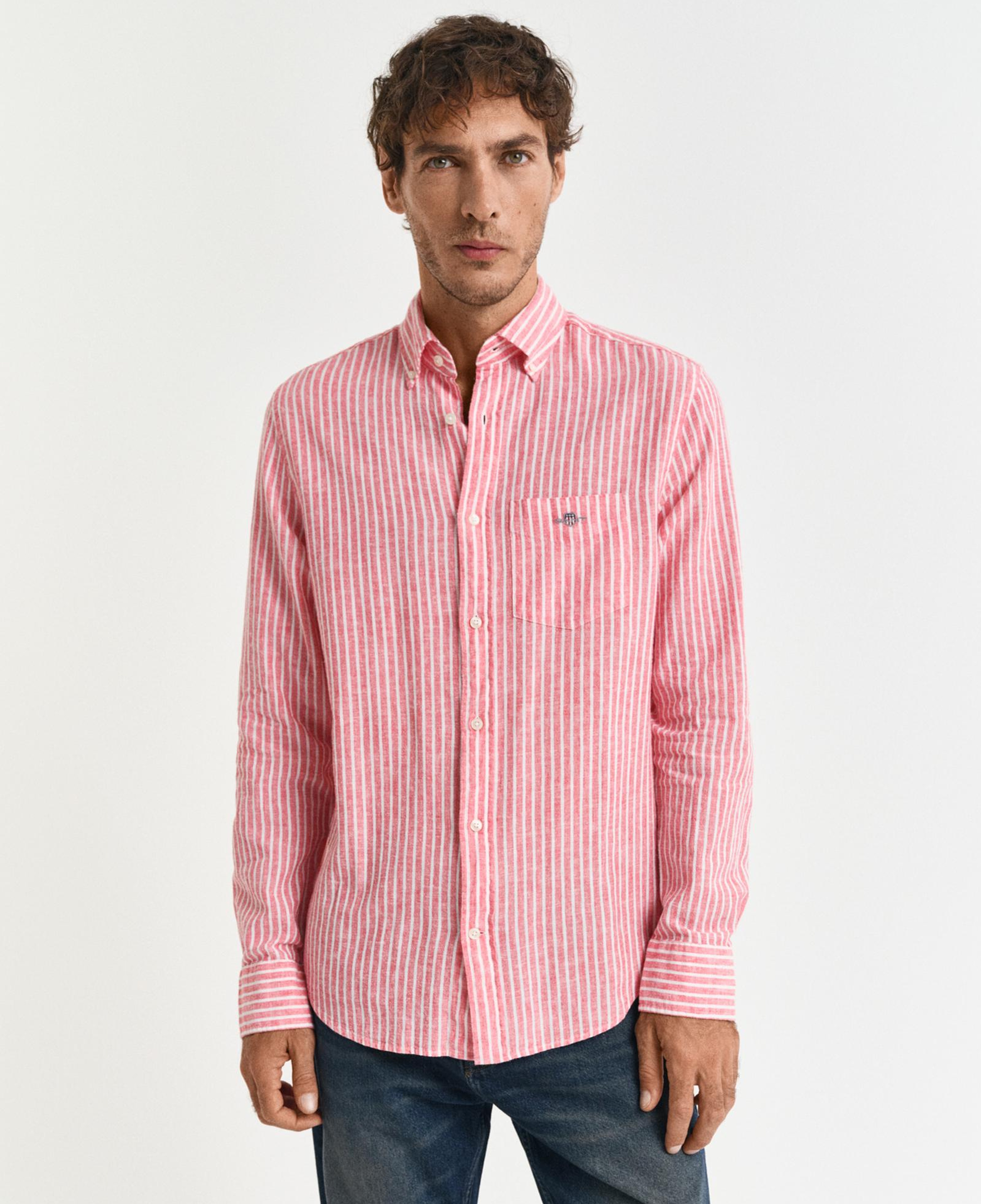 GANT Erkek Kırmızı Regular Fit Düğmeli Yaka Çizgili Keten Gömlek