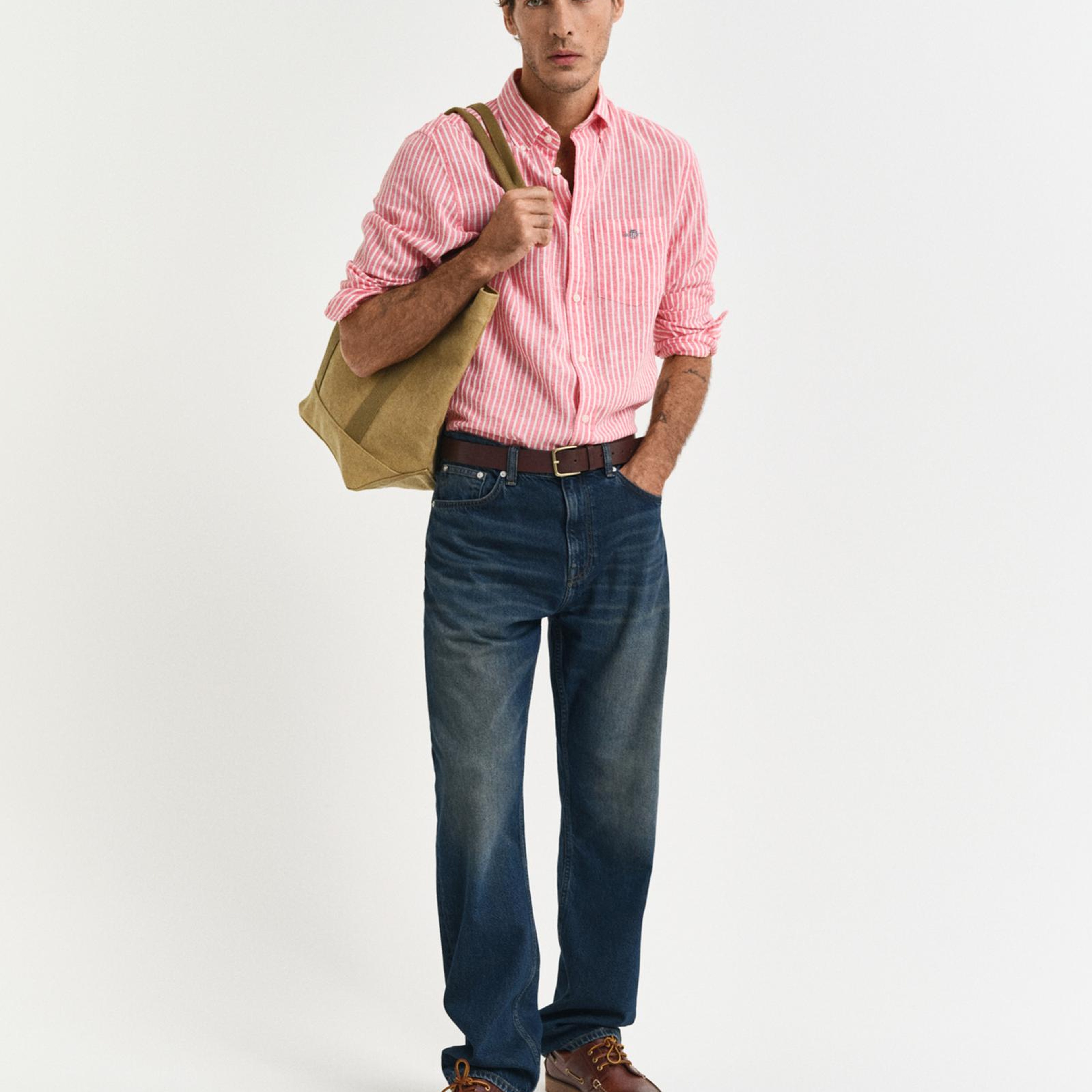 GANT Erkek Kırmızı Regular Fit Düğmeli Yaka Çizgili Keten Gömlek