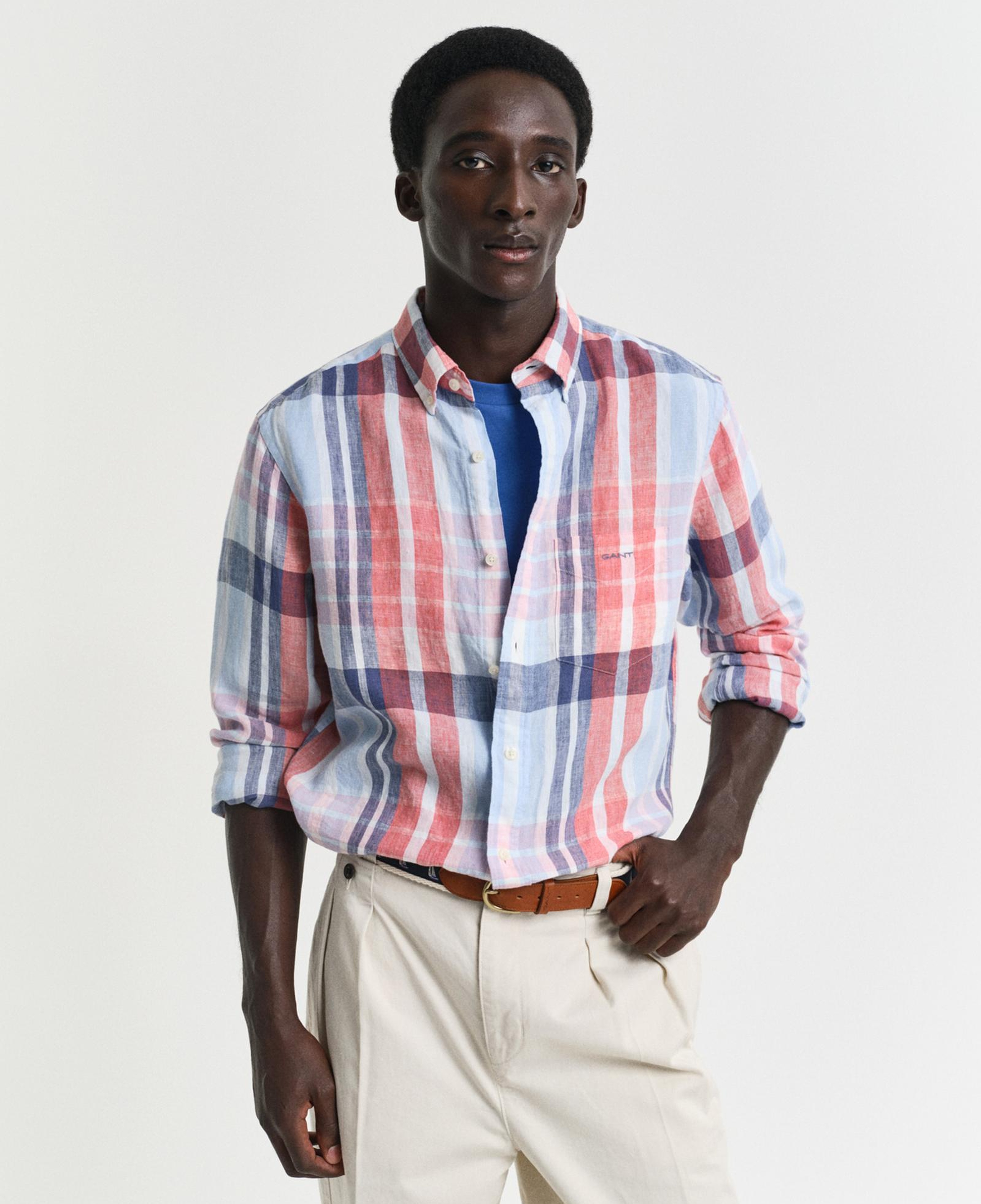 GANT Erkek Kırmızı Regular Fit Düğmeli Yaka Kareli Keten Gömlek