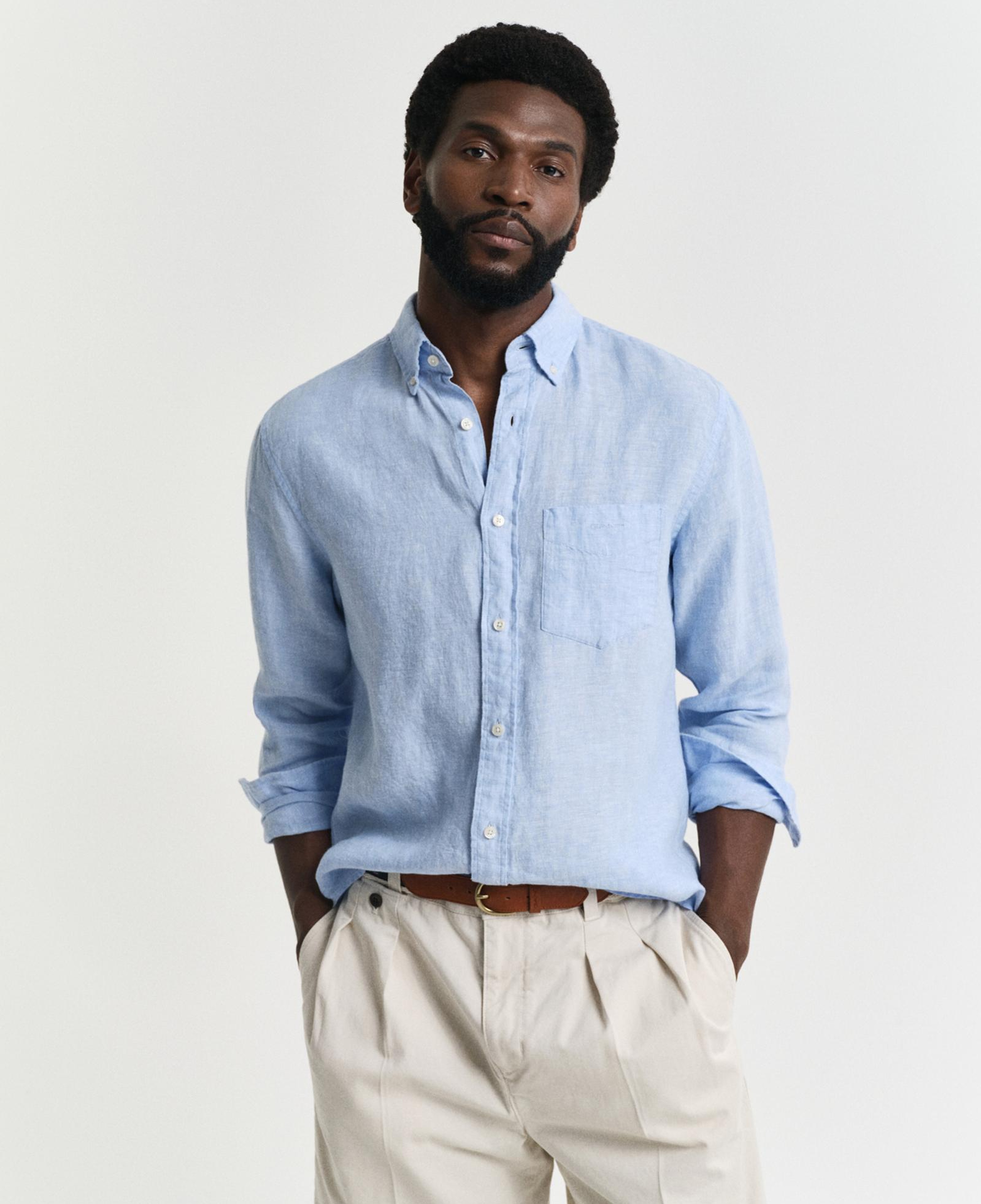 GANT Erkek Mavi Regular Fit Düğmeli Yaka Keten Gömlek