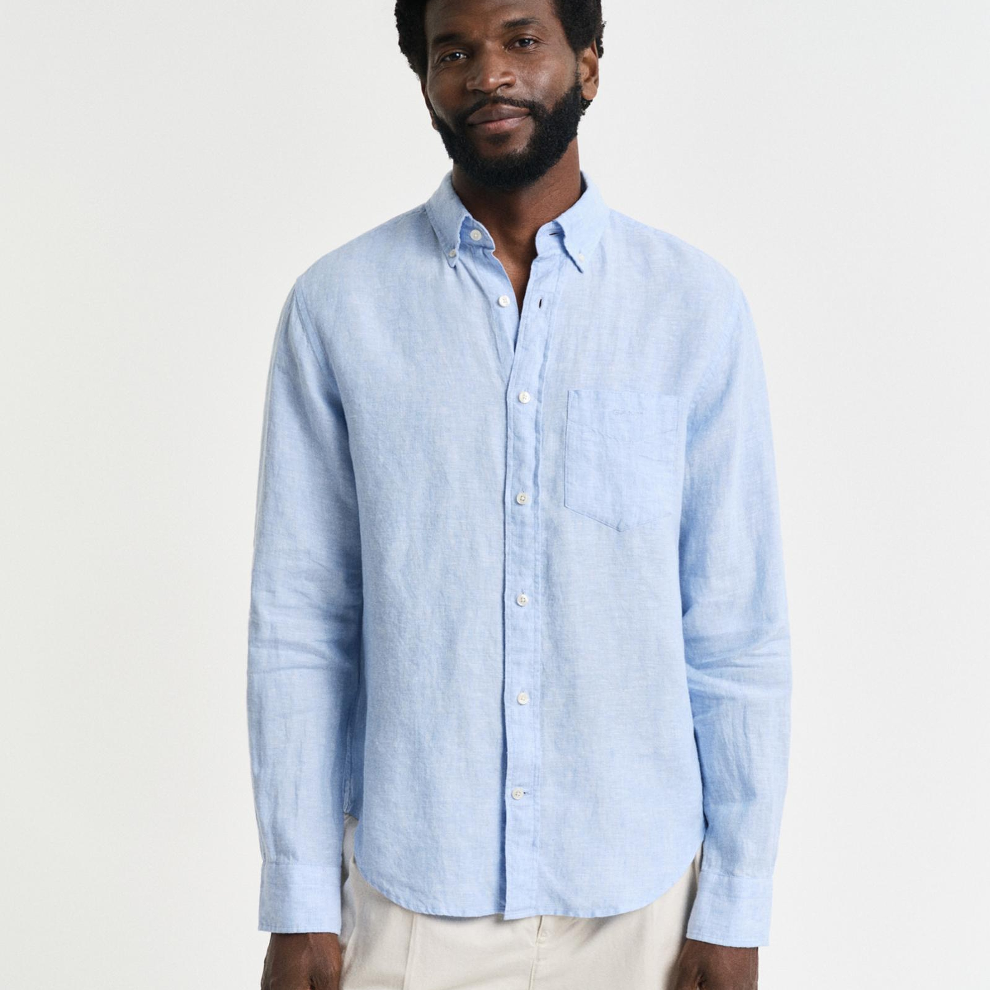 GANT Erkek Mavi Regular Fit Düğmeli Yaka Keten Gömlek