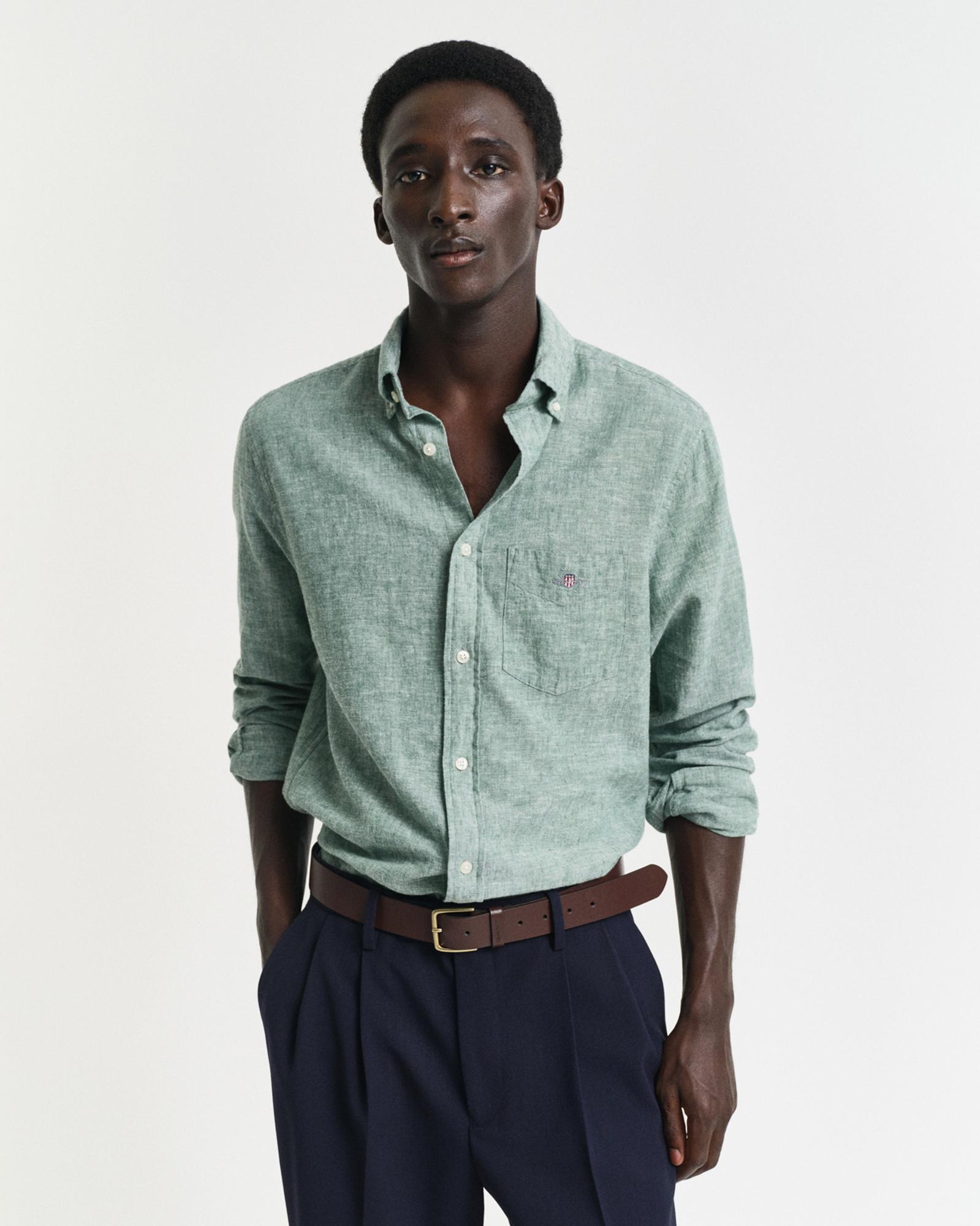 GANT Erkek Yeşil Regular Fit Düğmeli Yaka Keten Gömlek