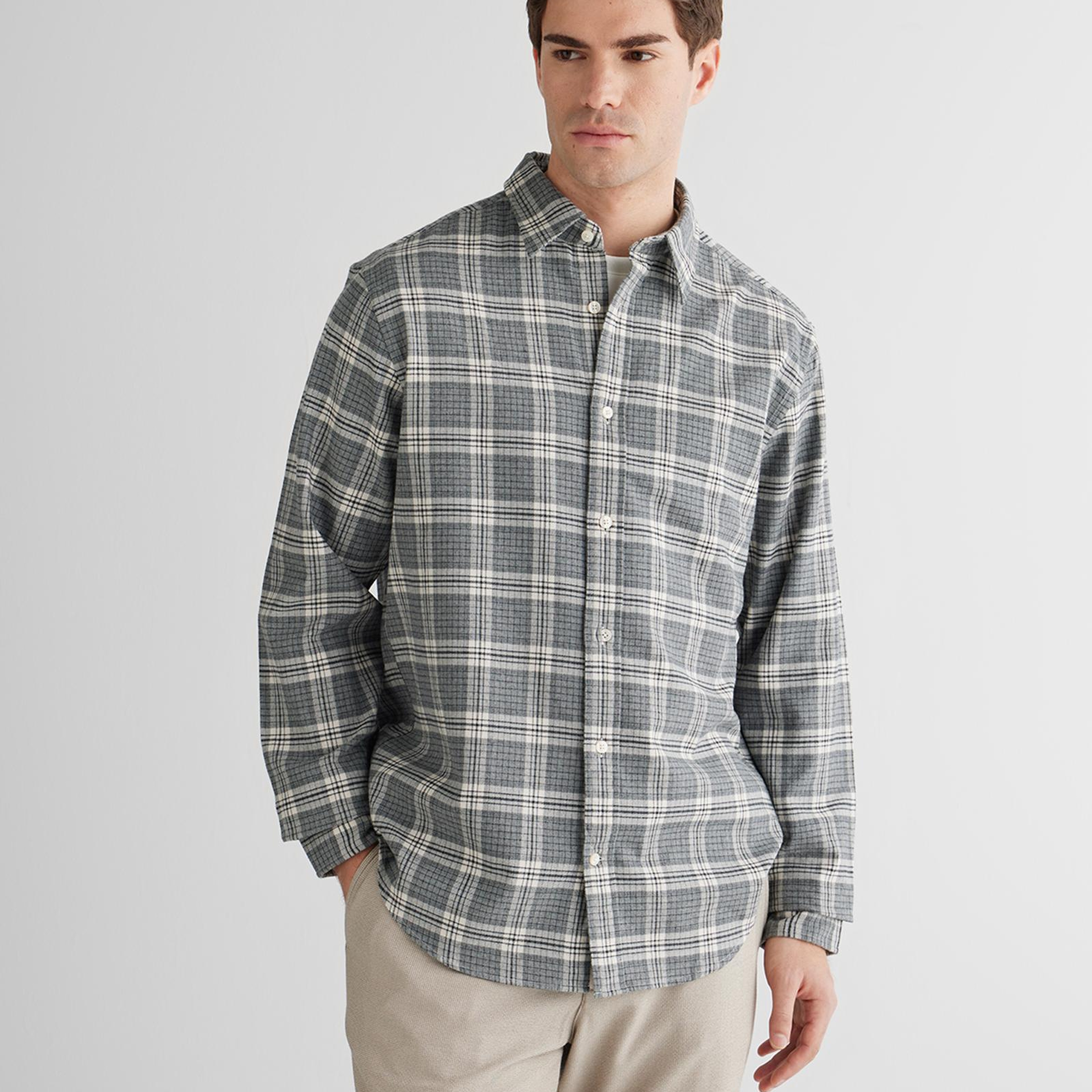 GANT Erkek Gri Regular Fit Bisiklet Yaka Gömlek