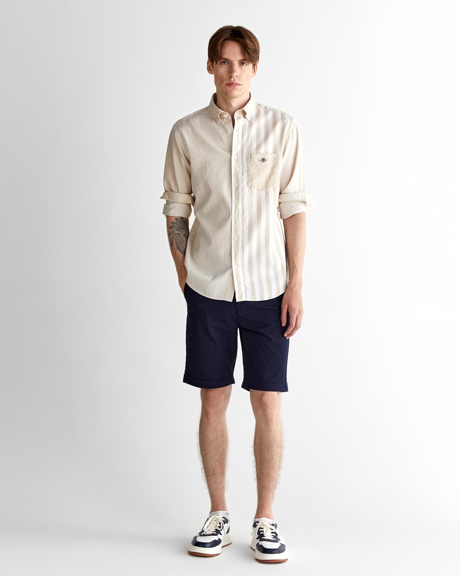 GANT Erkek Bej Regular Fit Düğmeli Yaka Çizgili Gömlek