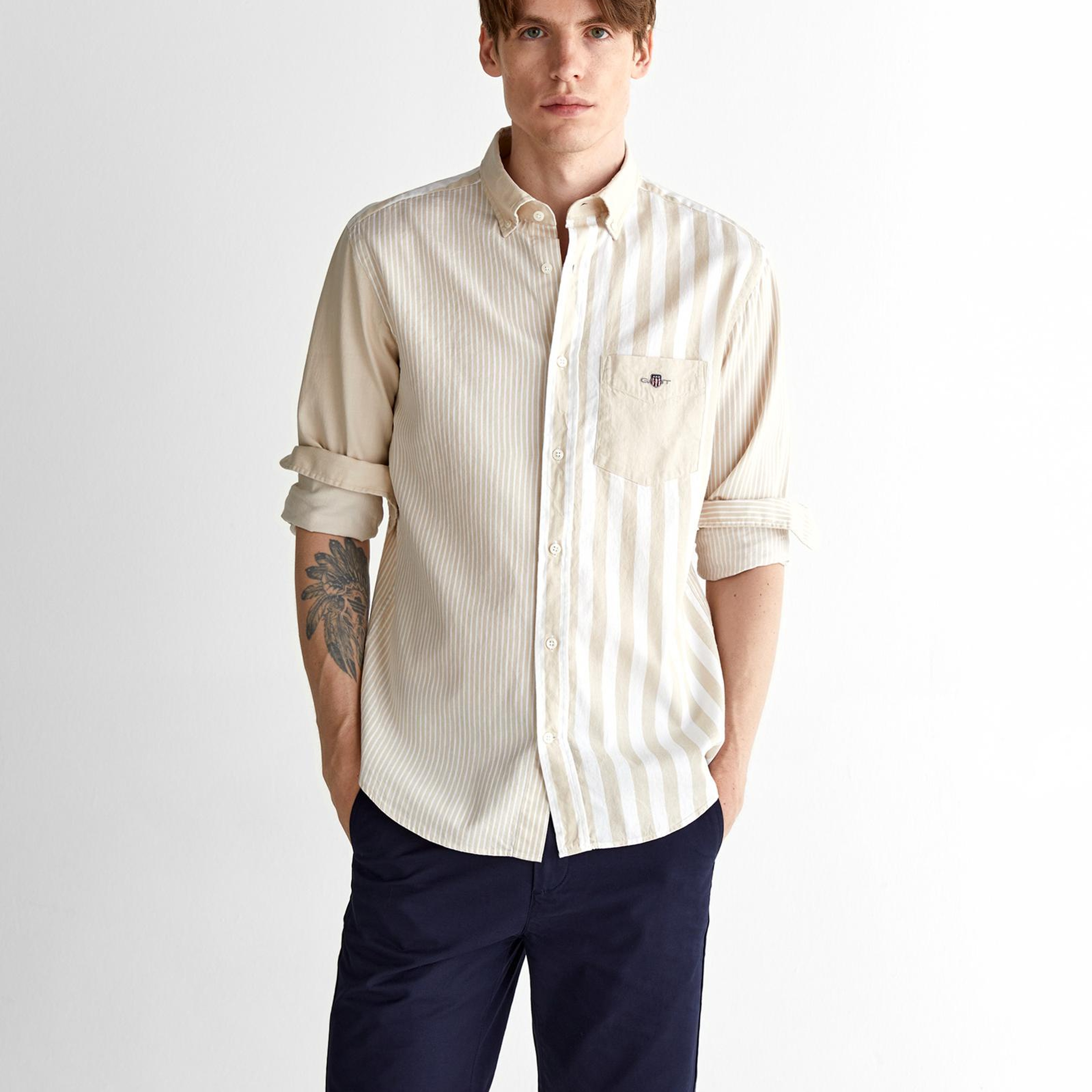 GANT Erkek Bej Regular Fit Düğmeli Yaka Çizgili Gömlek