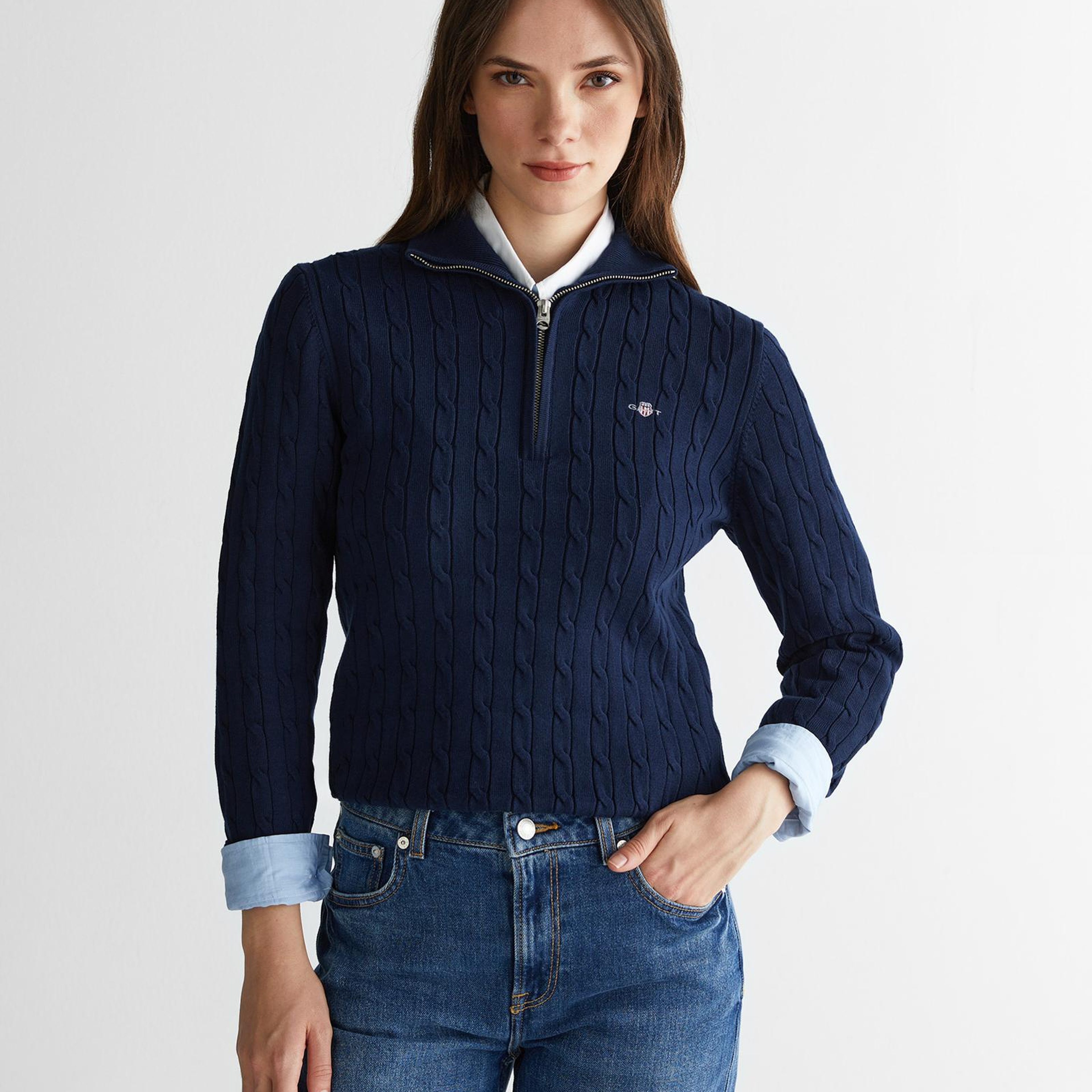 GANT Kadın Lacivert Regular Fit Yarım Fermuarlı Triko